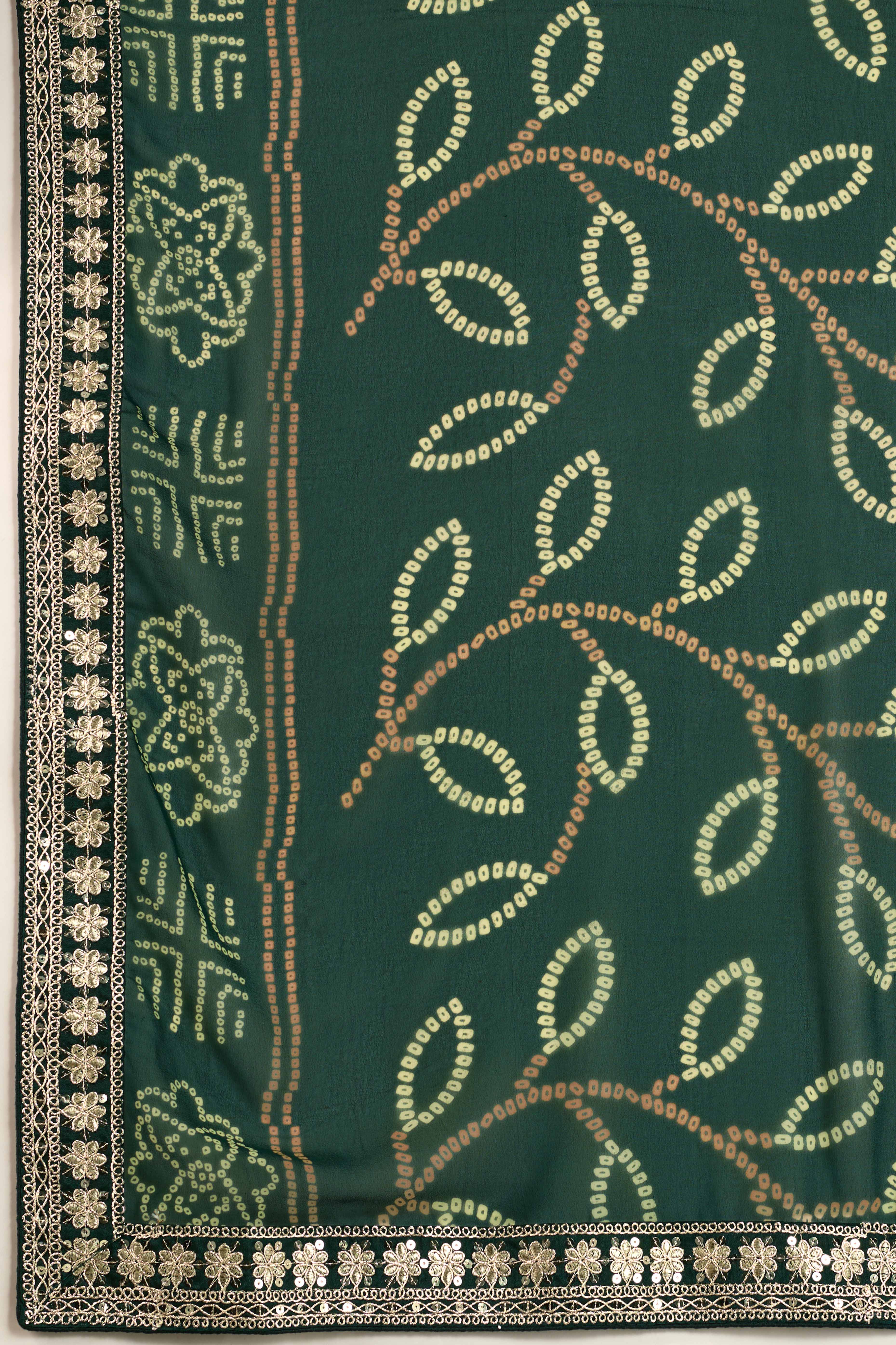 Dark Green Bandhani Digital Printed Georgette Saree Enhanced With Cording Embroidered Border