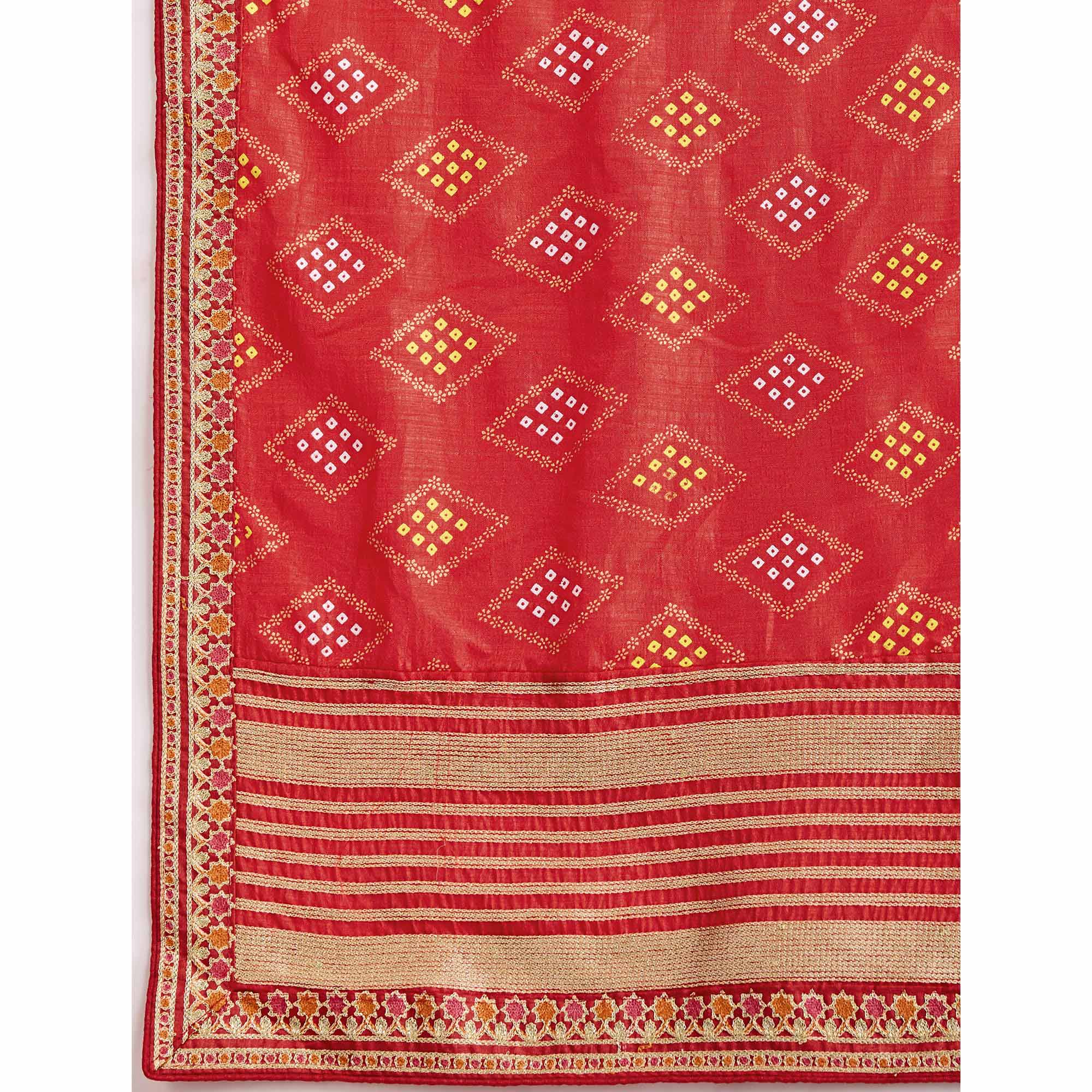 Red Bandhani Printed Vichitra Silk Saree With Embroidery Border