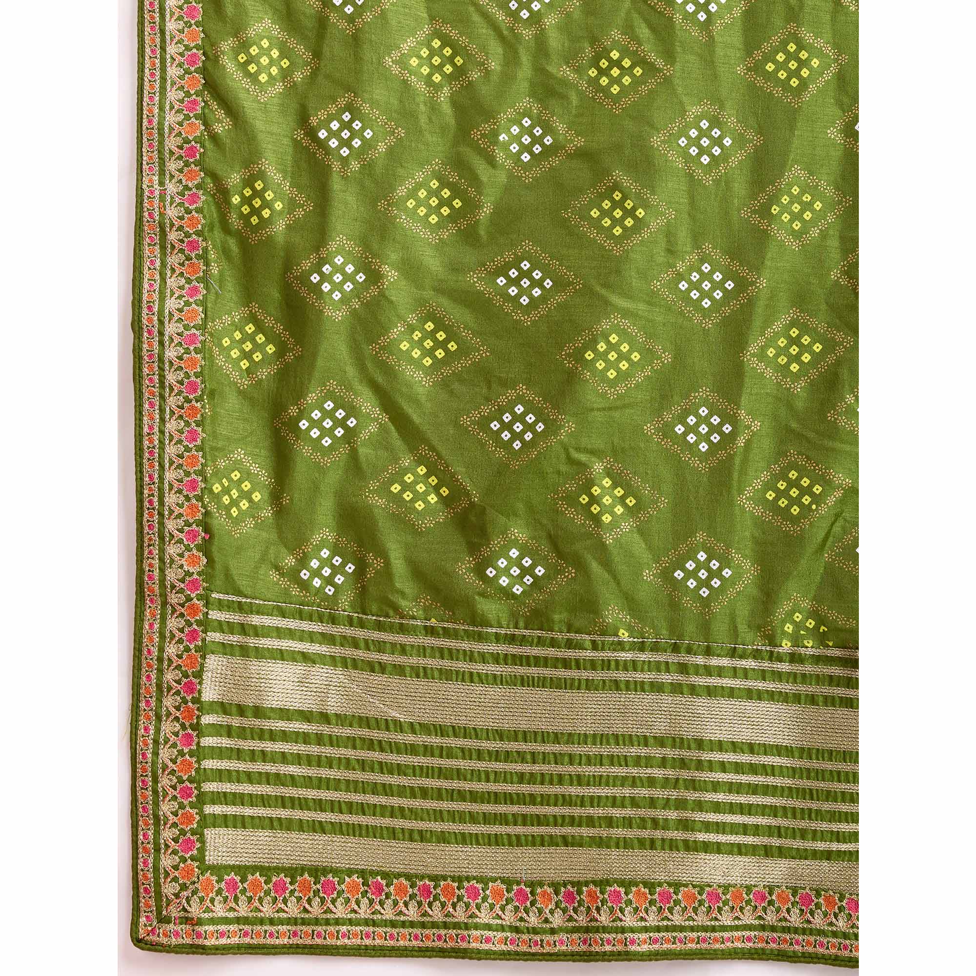 Green Bandhani Printed Vichitra Silk Saree With Embroidery Border