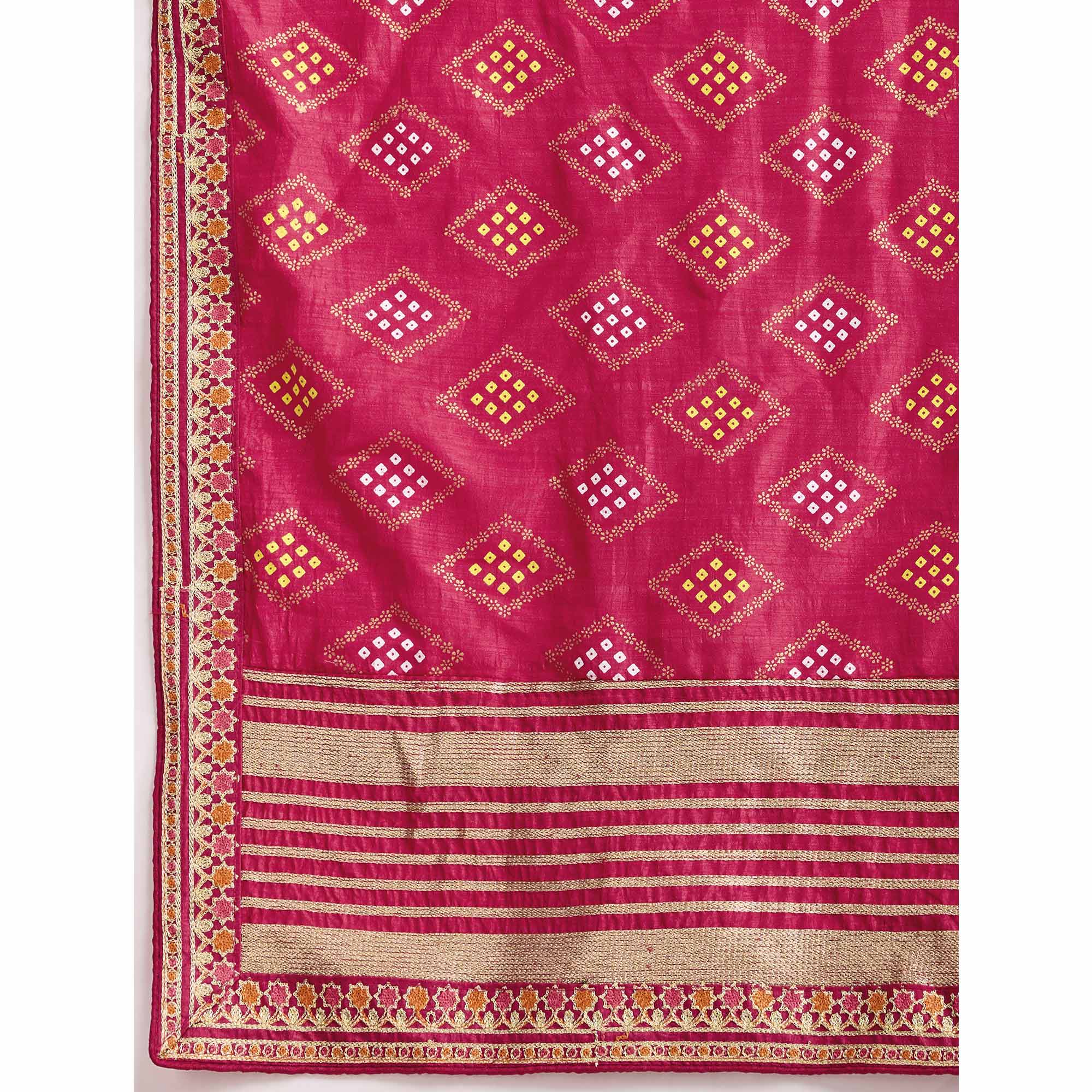 22Pink Bandhani Printed Vichitra Silk Saree With Embroidery Border