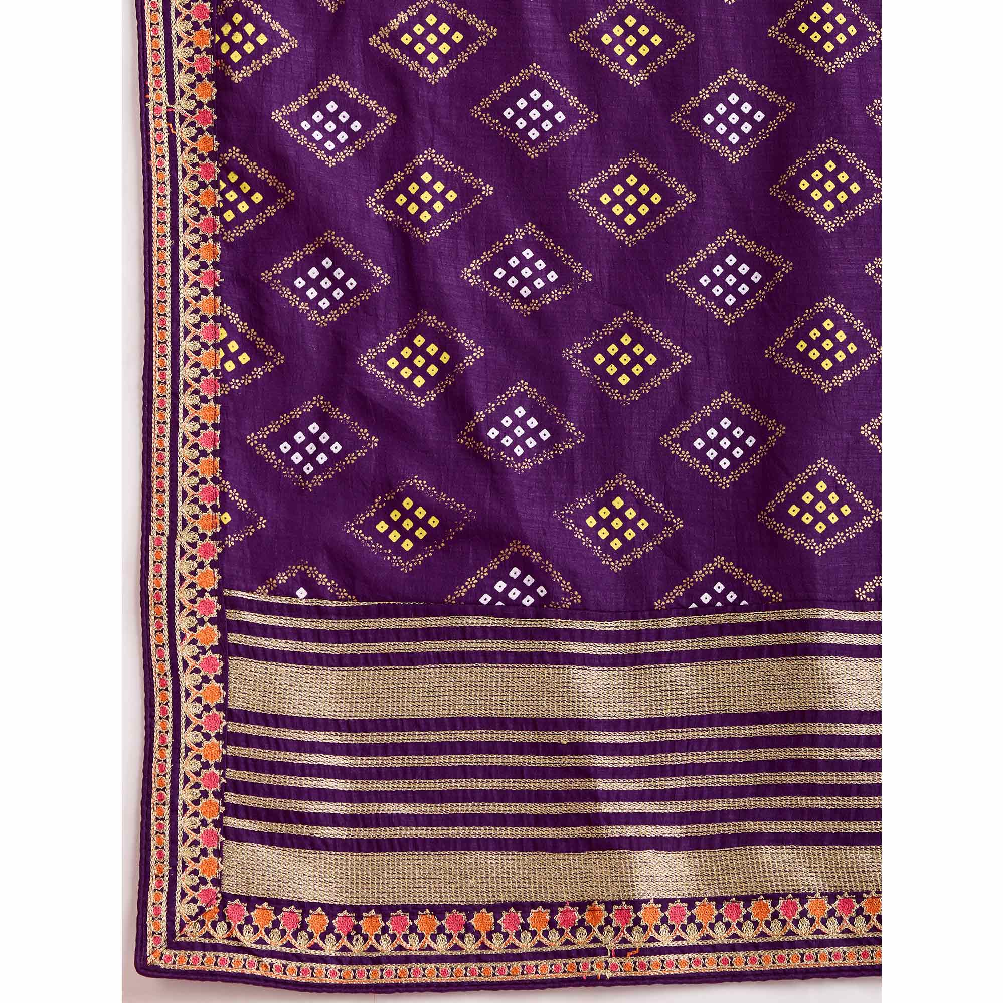 Purple Bandhani Printed Vichitra Silk Saree With Embroidery Border