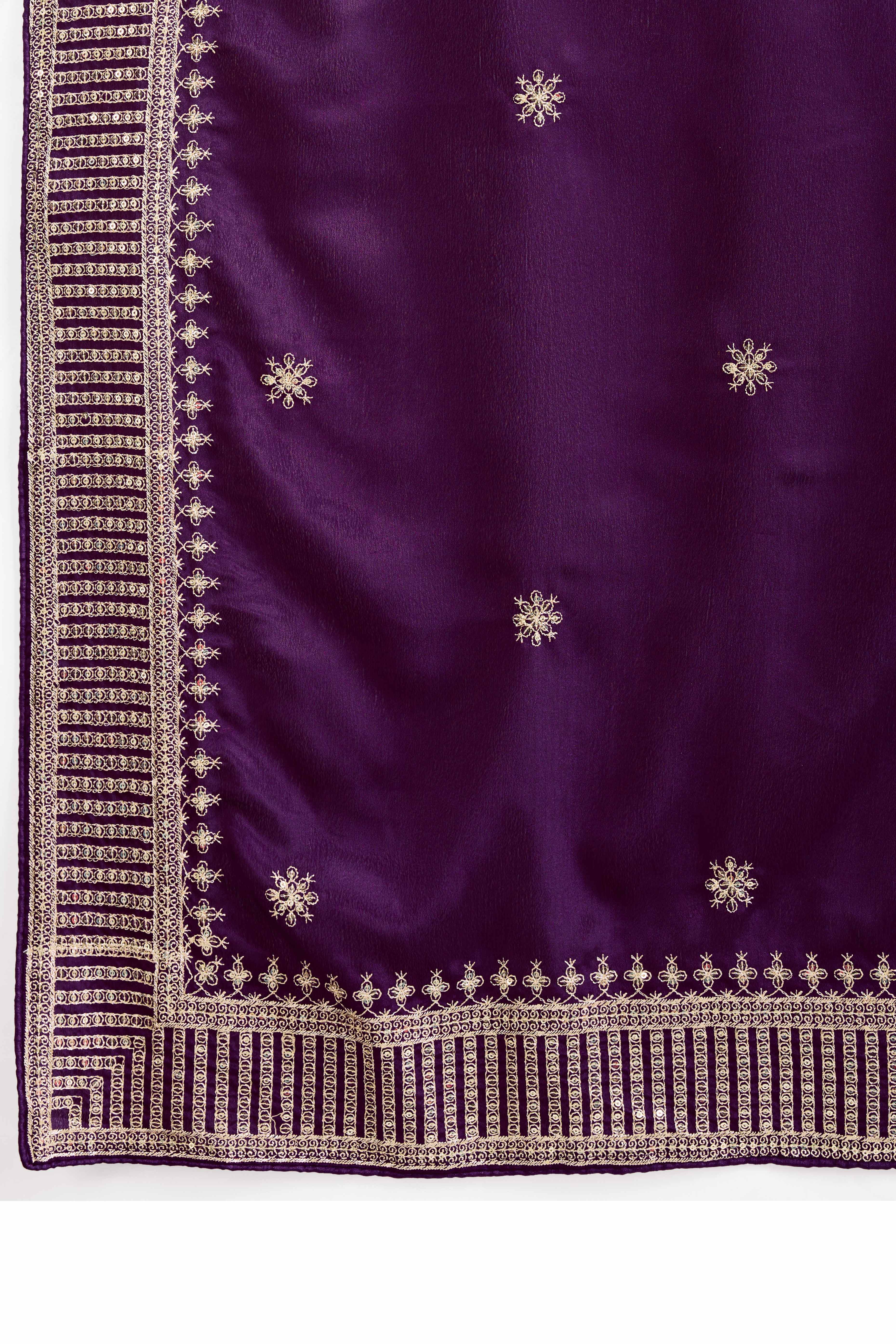 Wine Saree In Chinon Silk Featuring Delicate Floral Embroidery & Sparkling Sequins