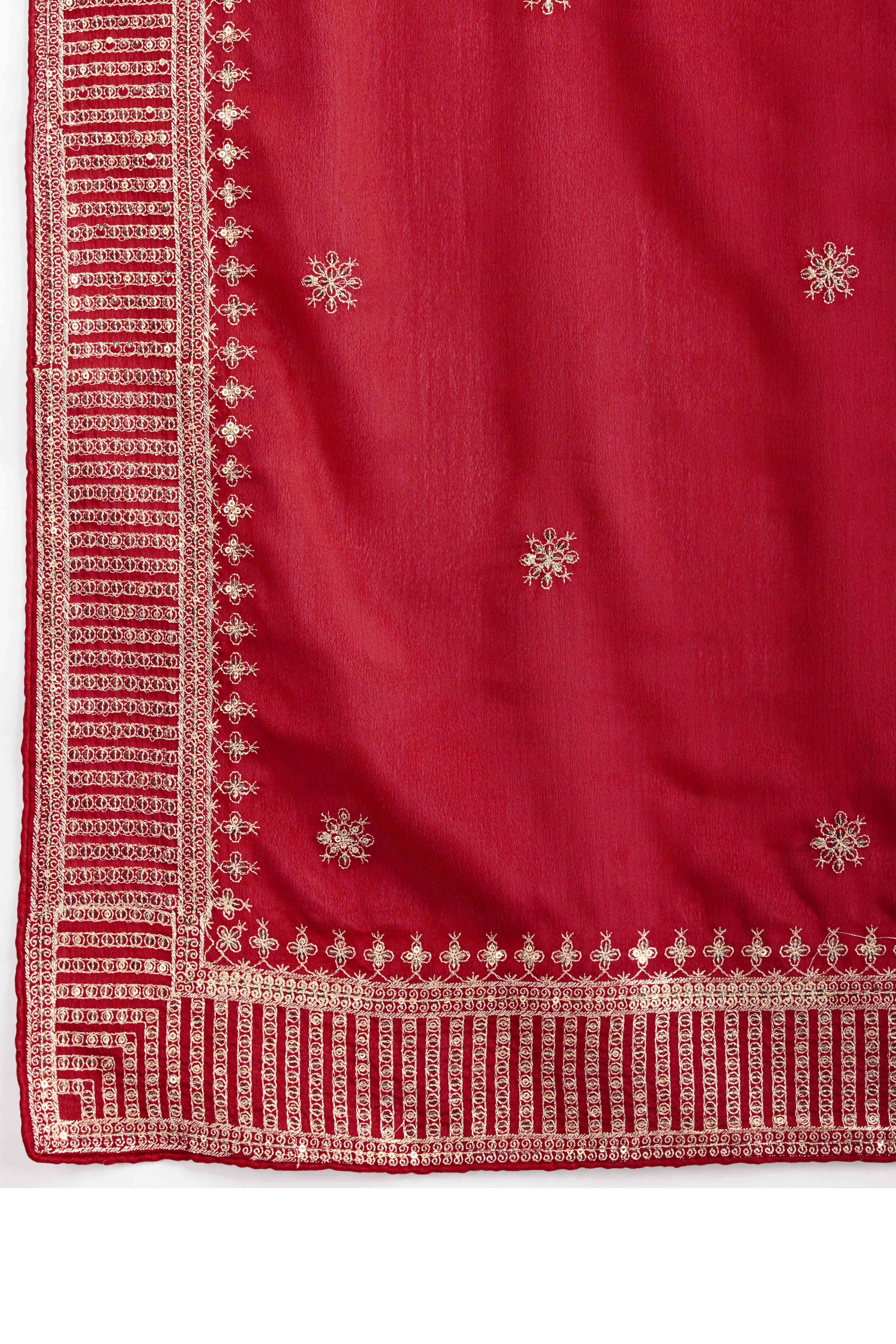 Red Saree In Chinon Silk Featuring Delicate Floral Embroidery & Sparkling Sequins