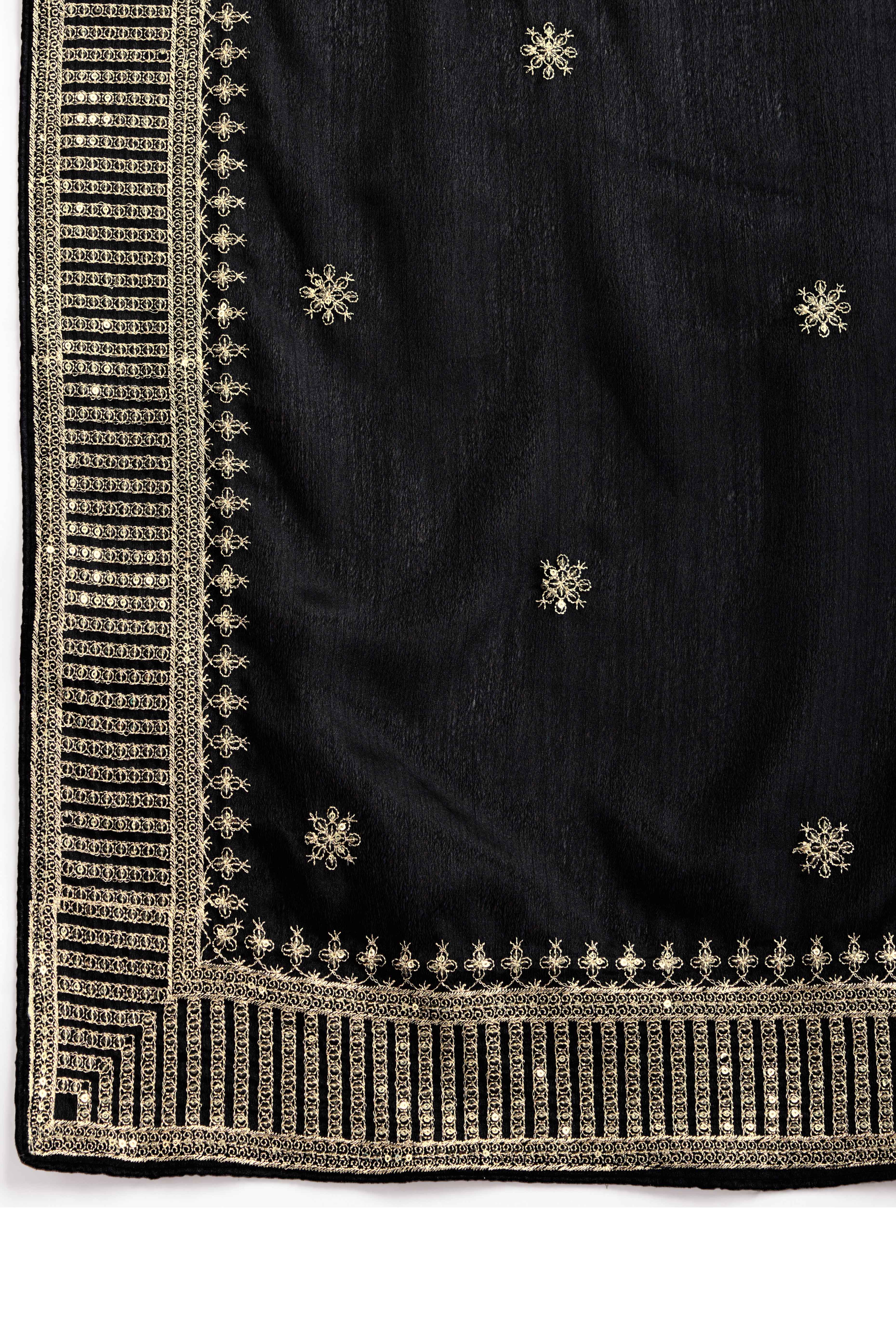Black Saree In Chinon Silk Featuring Delicate Floral Embroidery & Sparkling Sequins