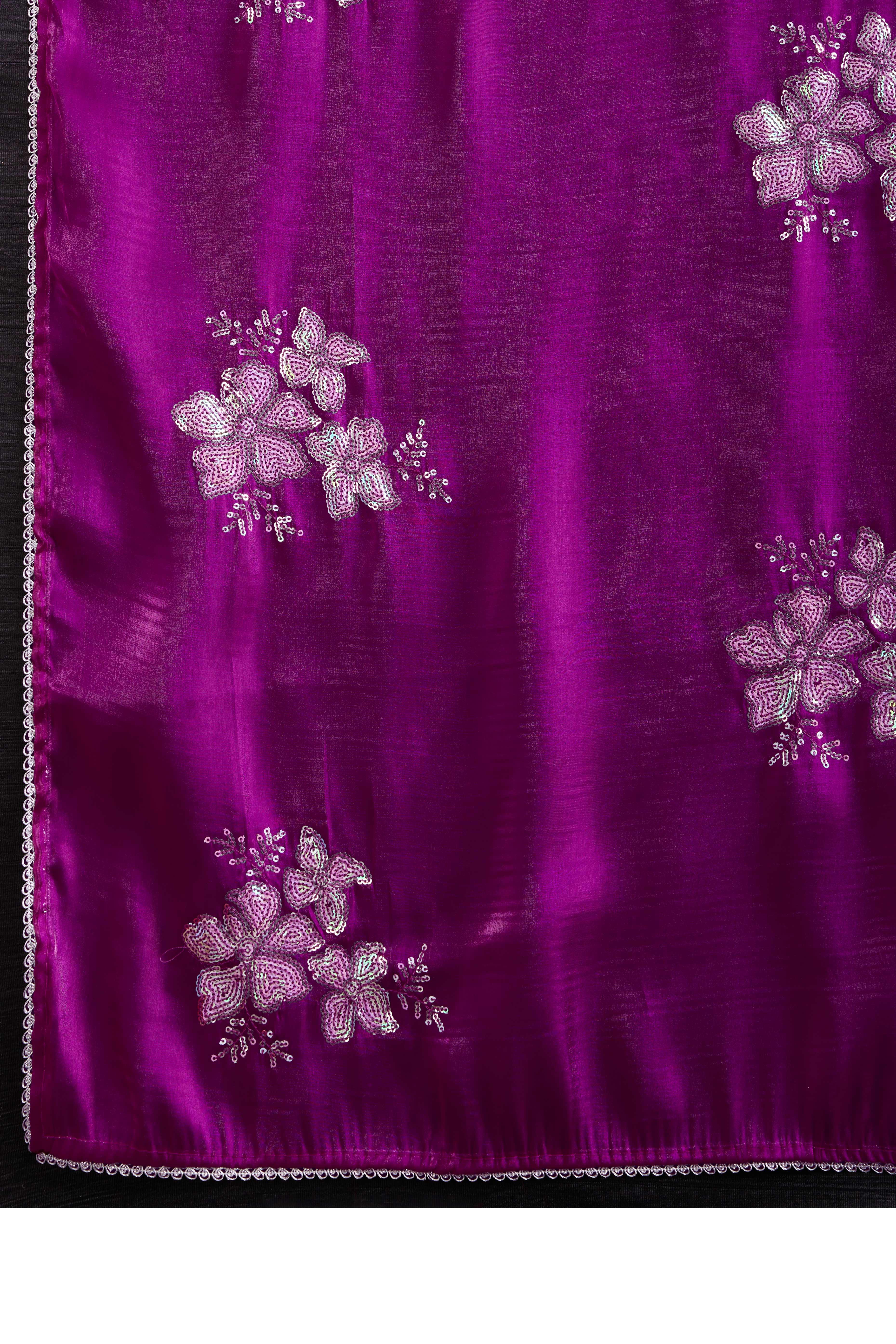 Purple Saree With Exquisite Floral Sequins Embroidery On Luxe Jimmy Choo Silk Blend
