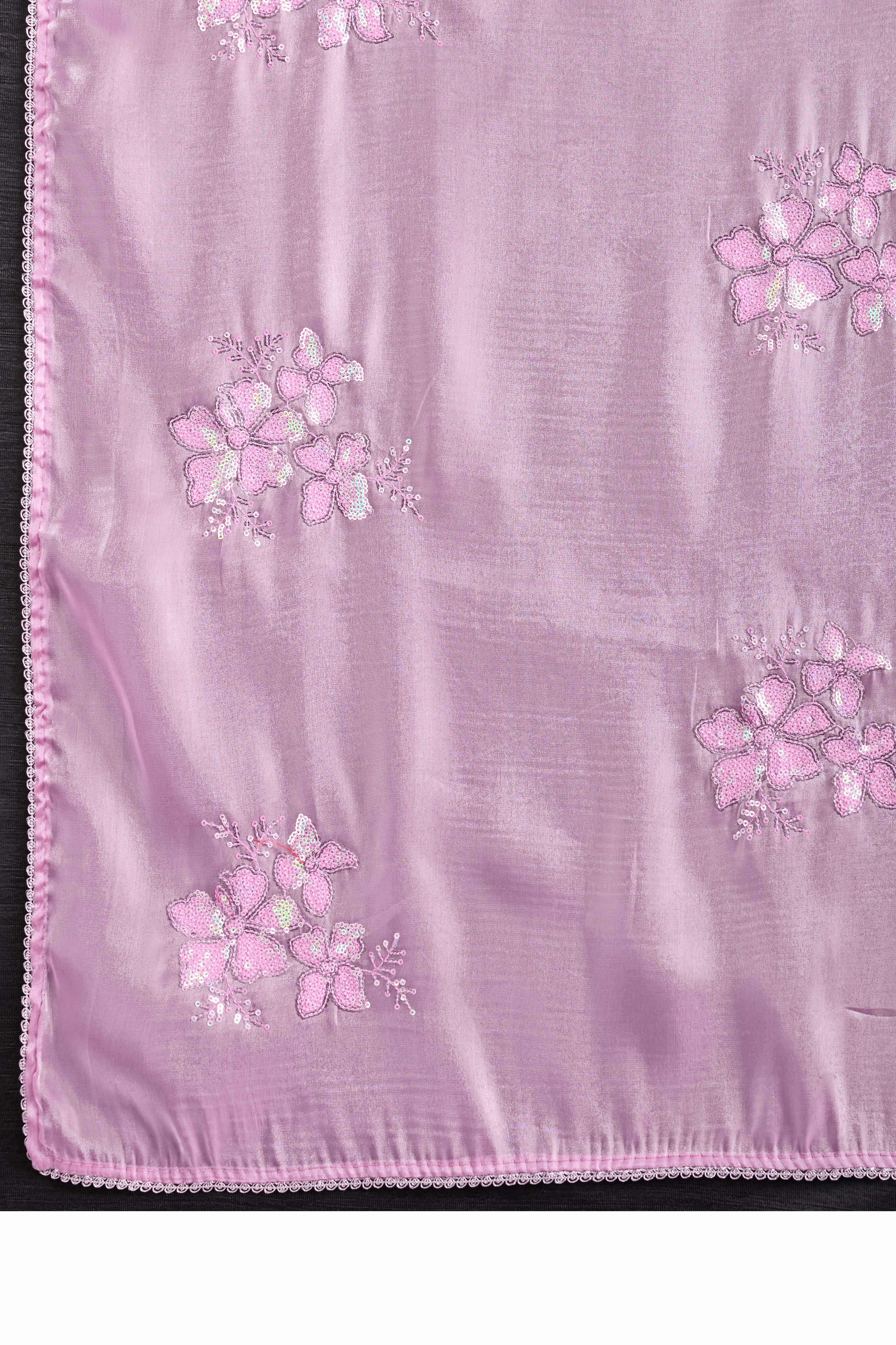 Pink Saree With Exquisite Floral Sequins Embroidery On Luxe Jimmy Choo Silk Blend