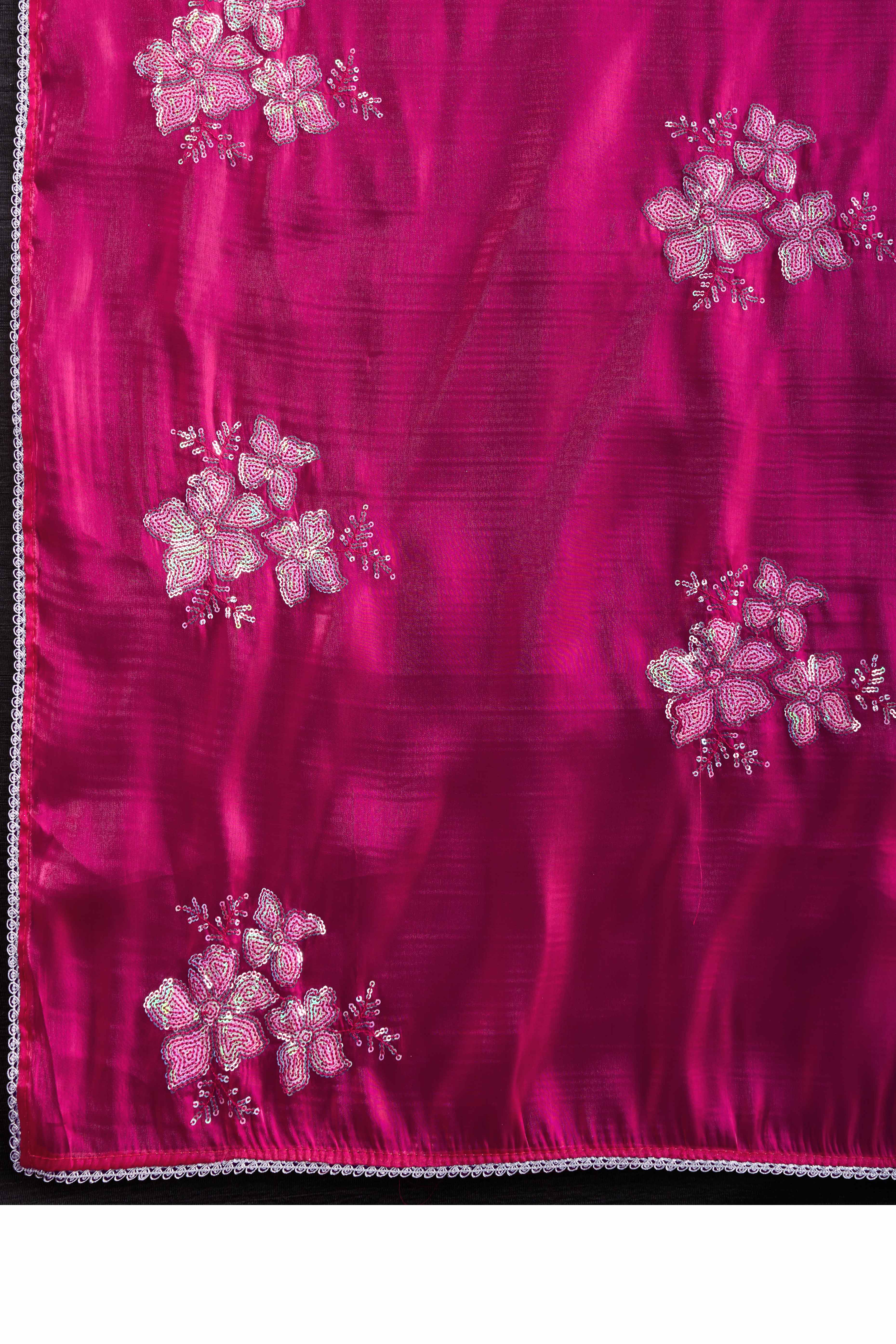 Rani Pink Saree With Exquisite Floral Sequins Embroidery On Luxe Jimmy Choo Silk Blend