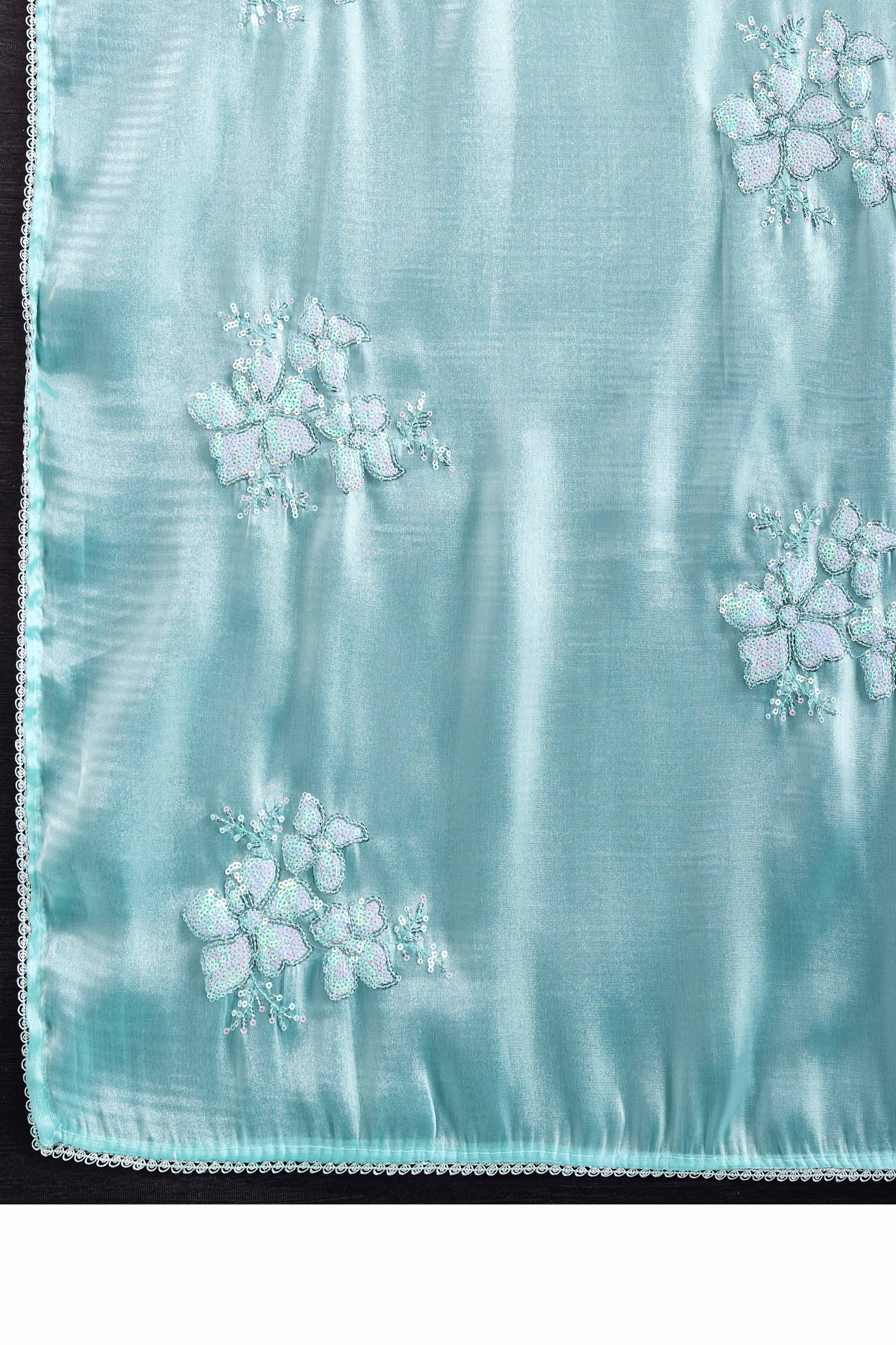 Turquoise Saree With Exquisite Floral Sequins Embroidery On Luxe Jimmy Choo Silk Blend