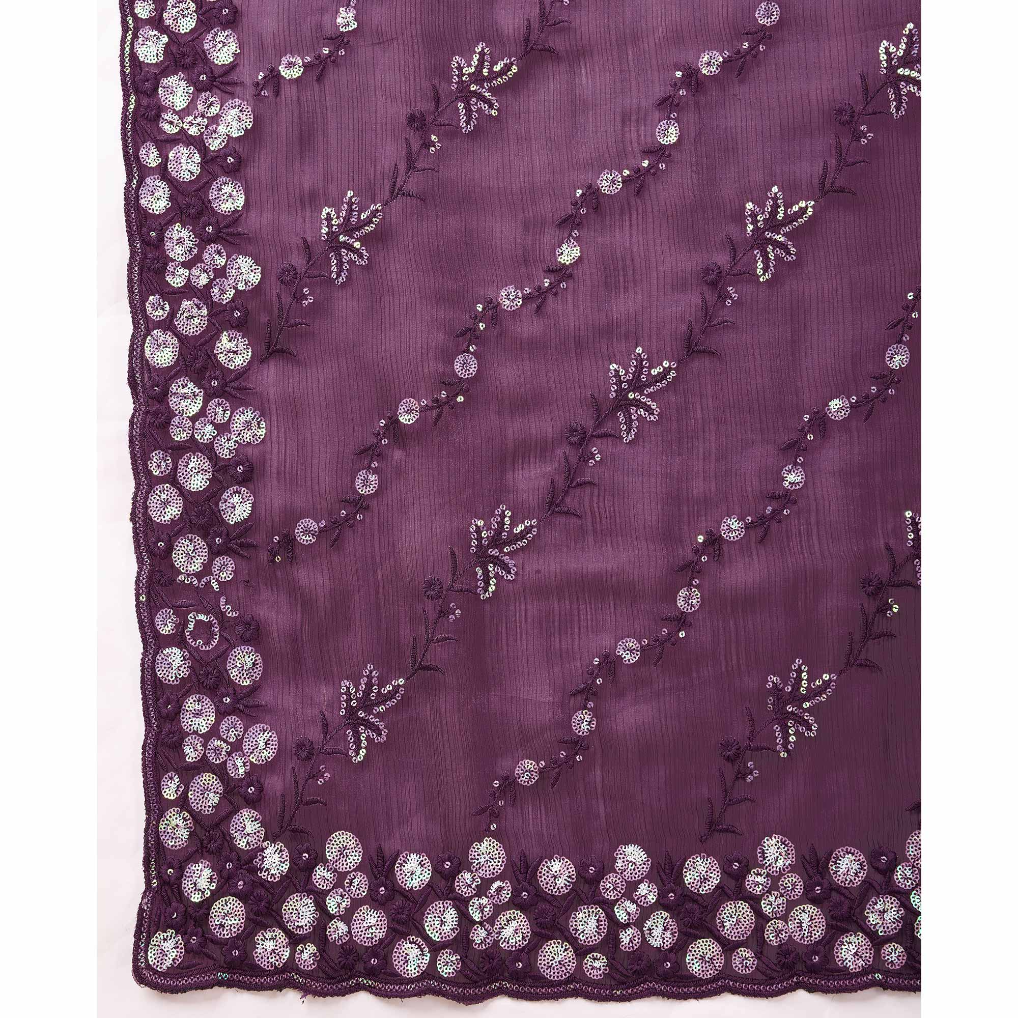 Wine Floral Sequins Embroidered Burberry Silk Saree