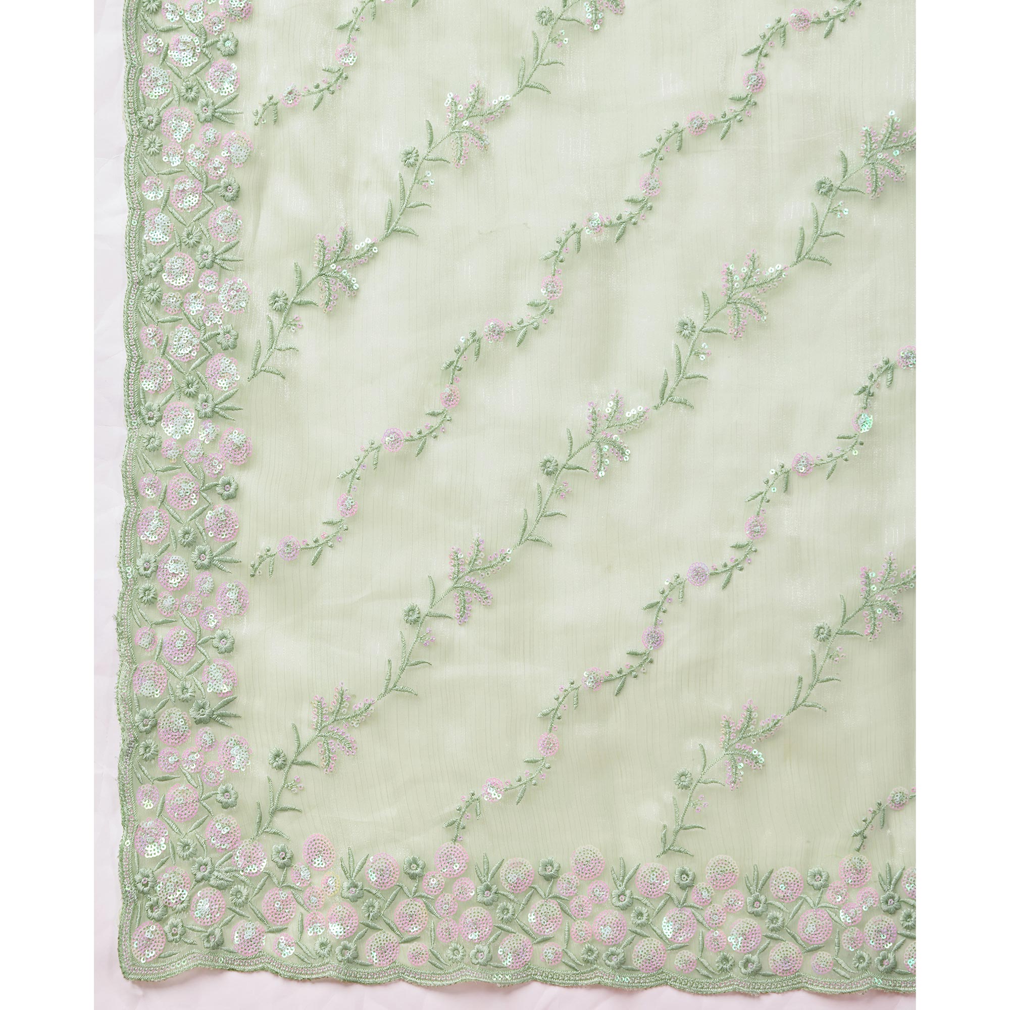 Green Floral Sequins Embroidered Burberry Silk Saree