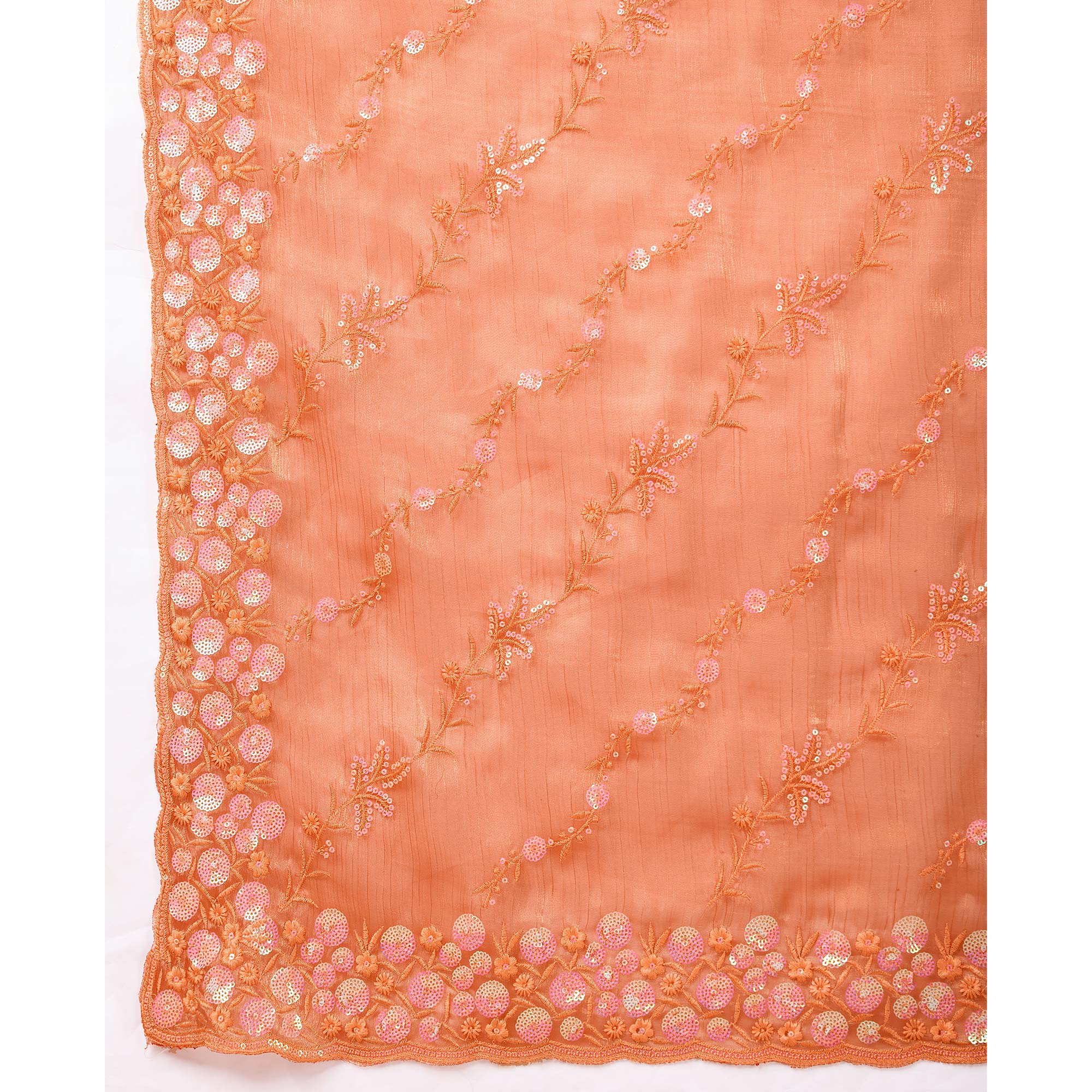 Orange Floral Sequins Embroidered Burberry Silk Saree