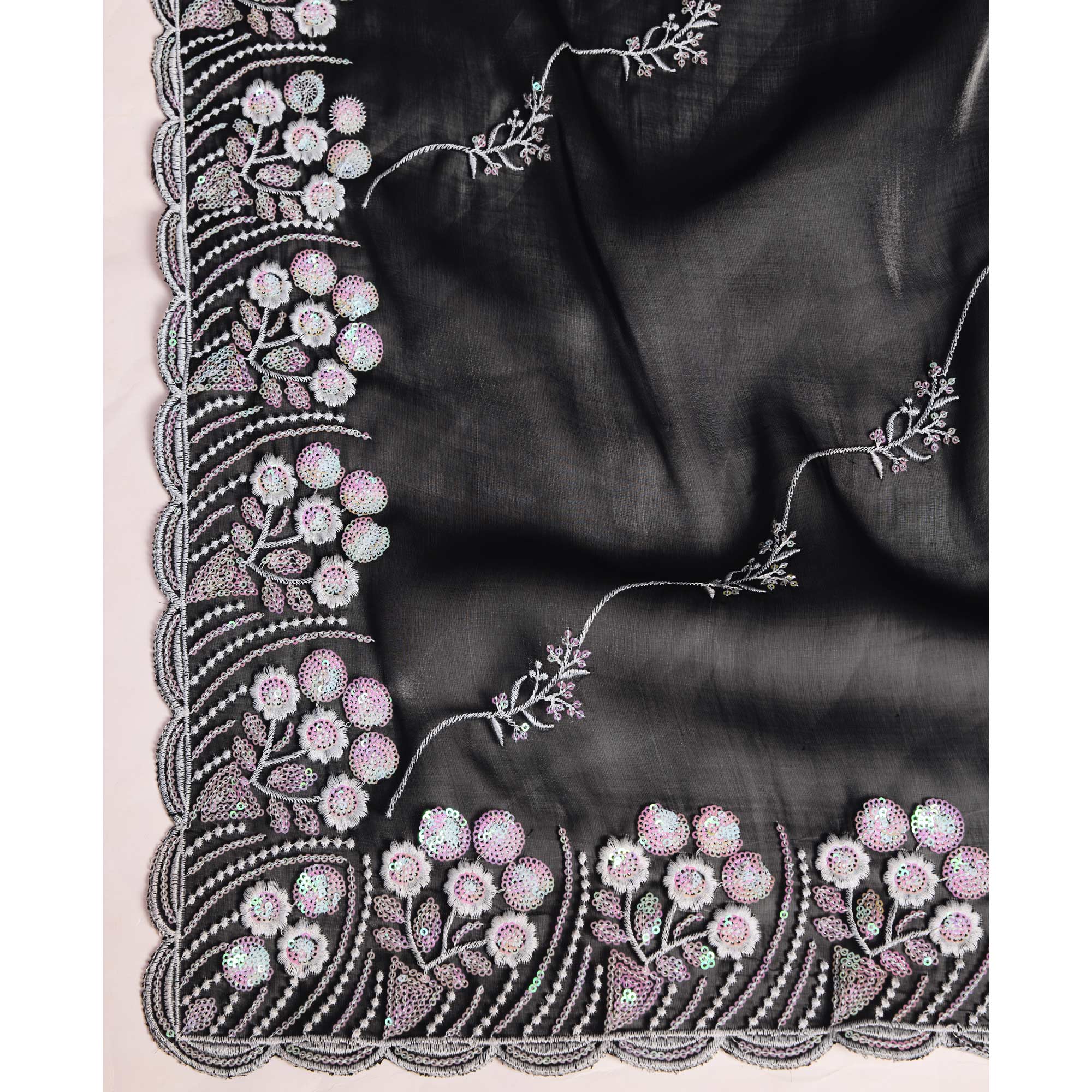 Black Floral Sequins Embroidered Jimmy Choo Tissue Saree