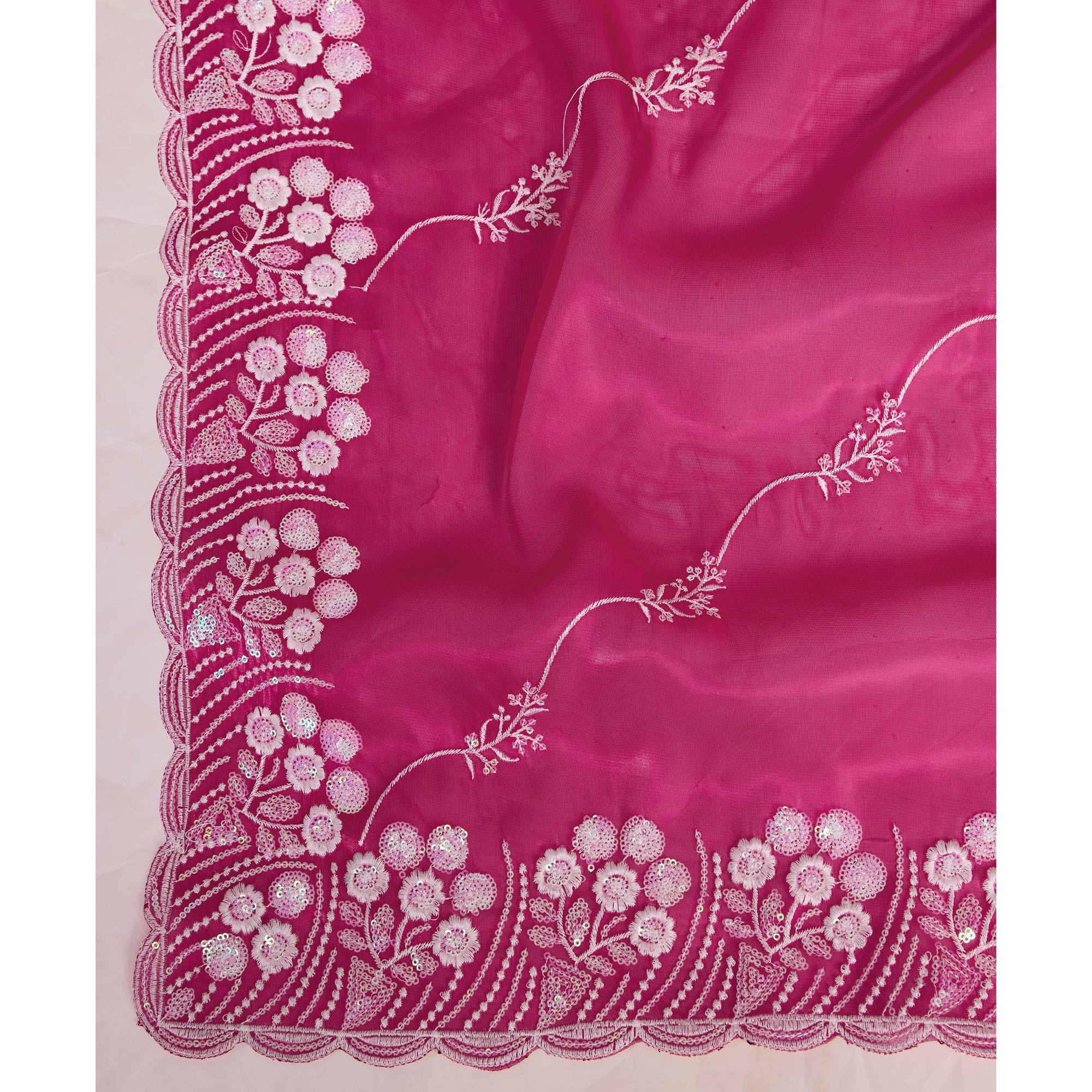 Rani Pink Floral Sequins Embroidered Jimmy Choo Tissue Saree