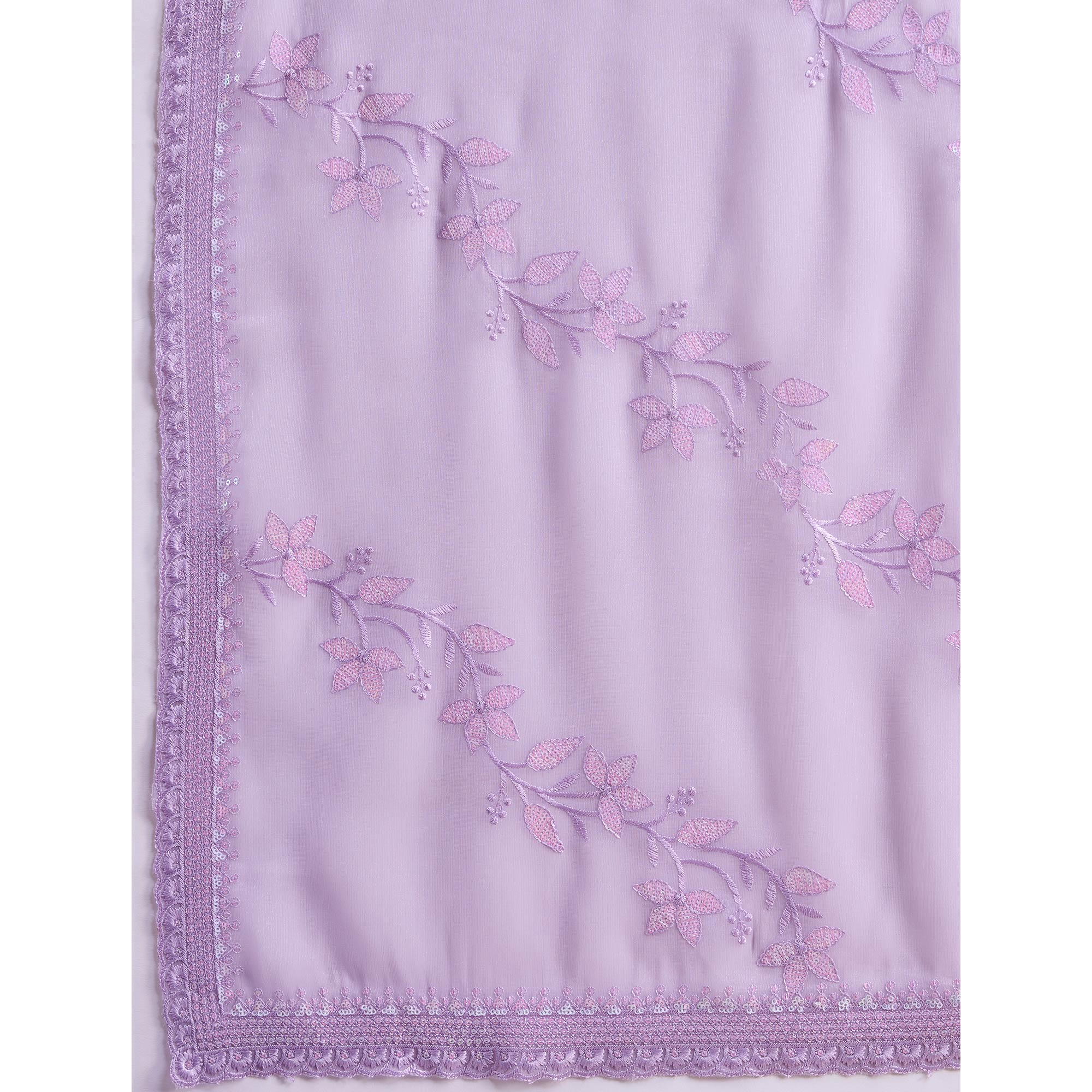 Light Purple Floral Sequins Embroidered Chiffon Saree