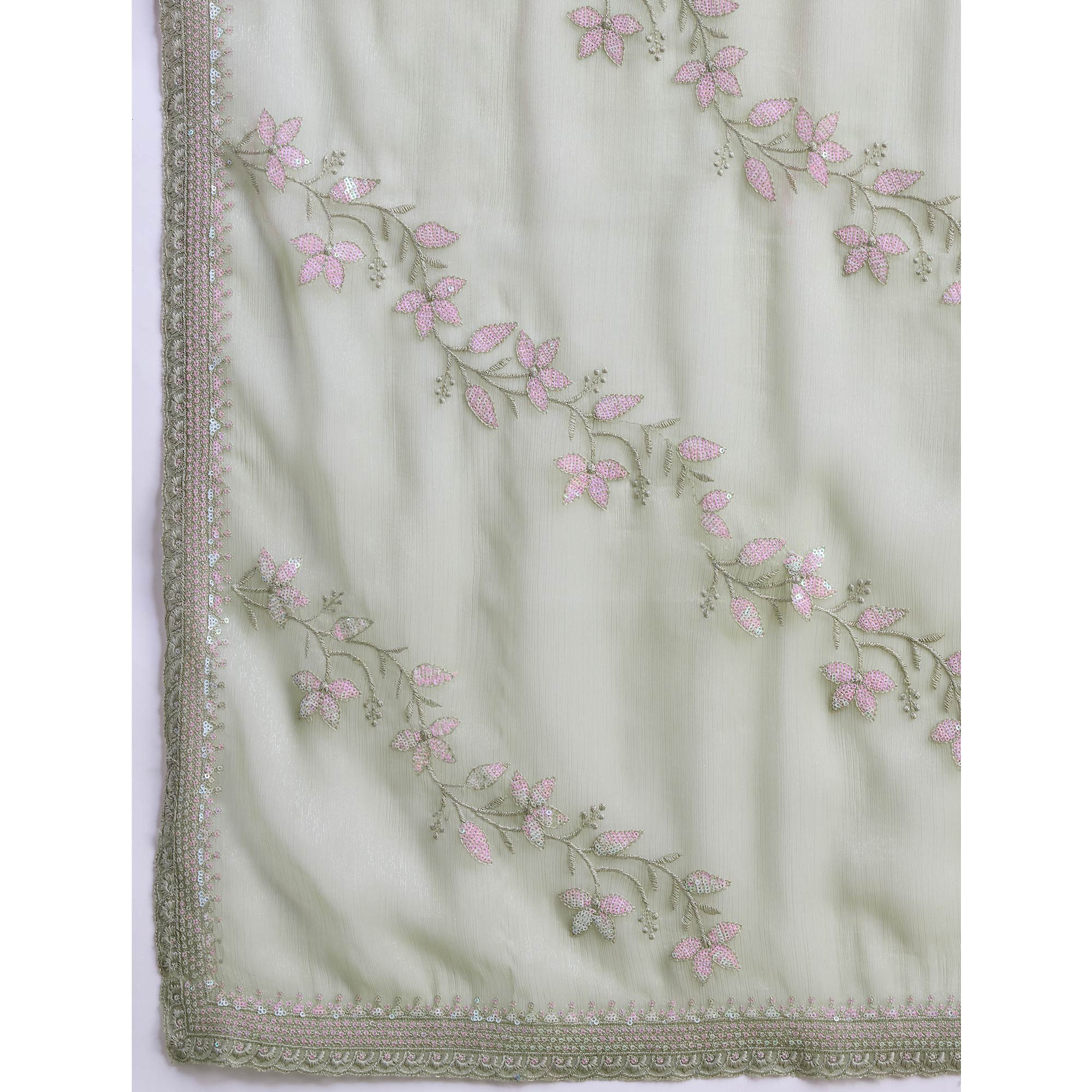 Green Floral Sequins Embroidered Chiffon Saree