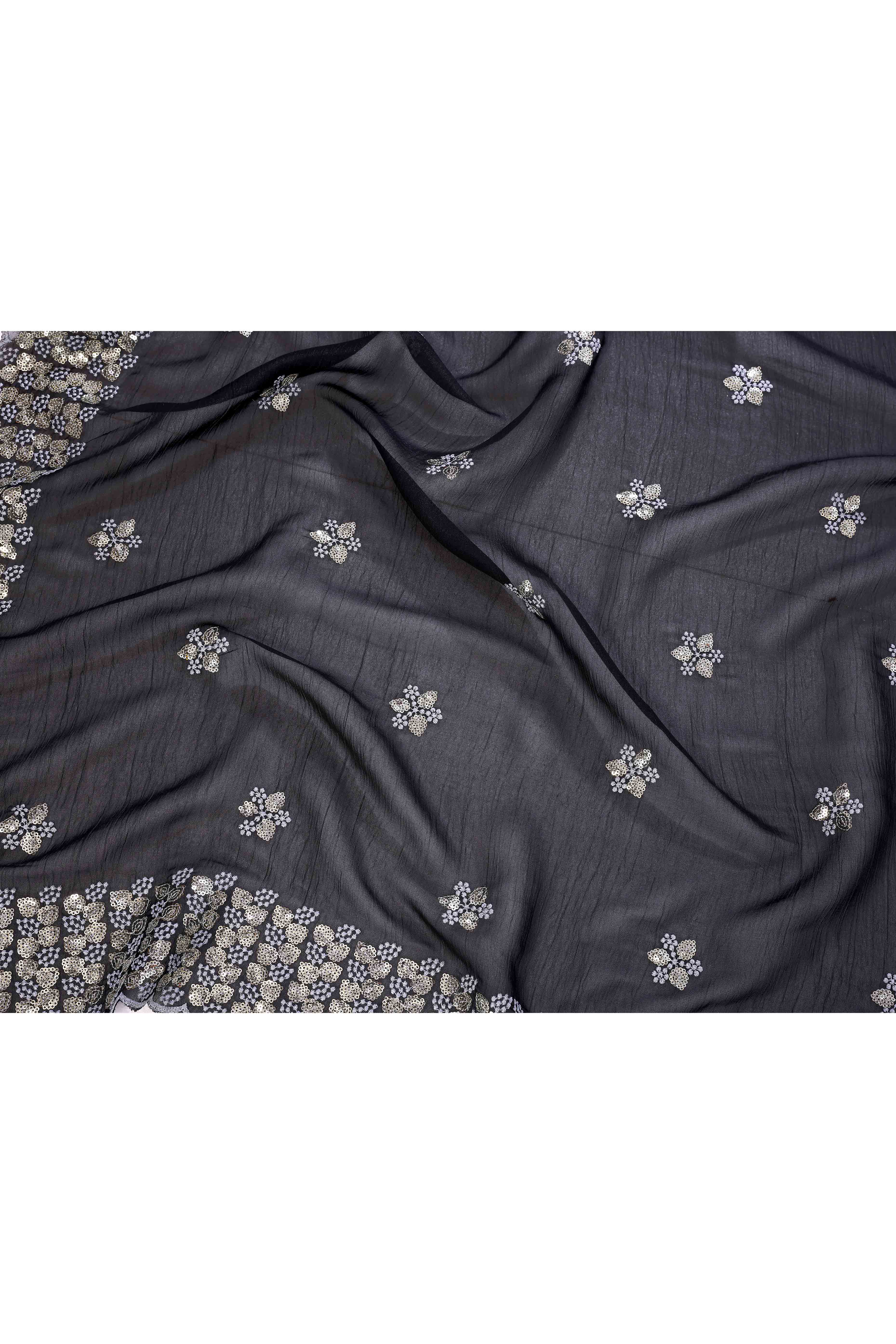 Black Crunchy Organza Silk Saree Adorned With Intricate Floral Sequins Embroidery