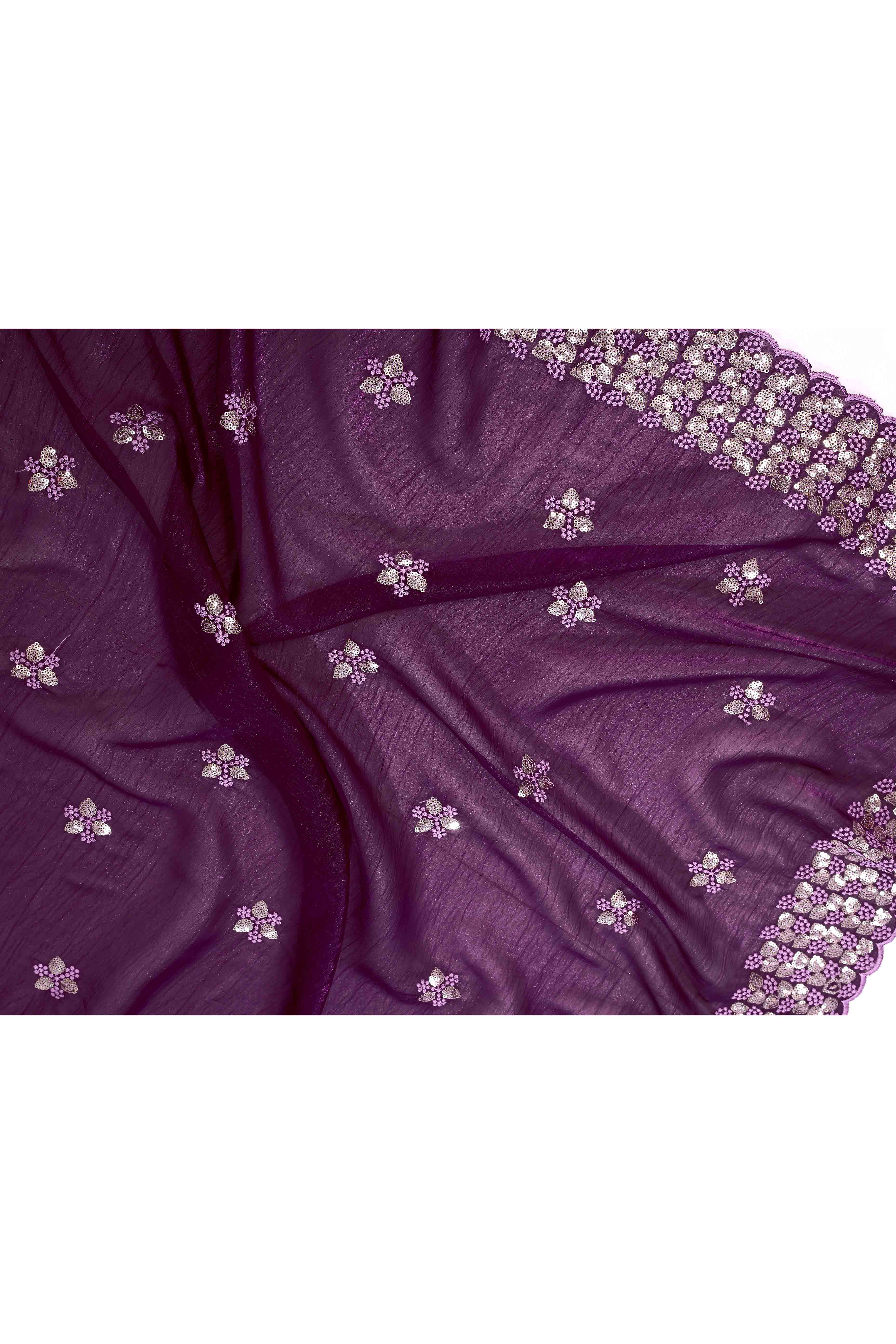 Wine Crunchy Organza Silk Saree Adorned With Intricate Floral Sequins Embroidery
