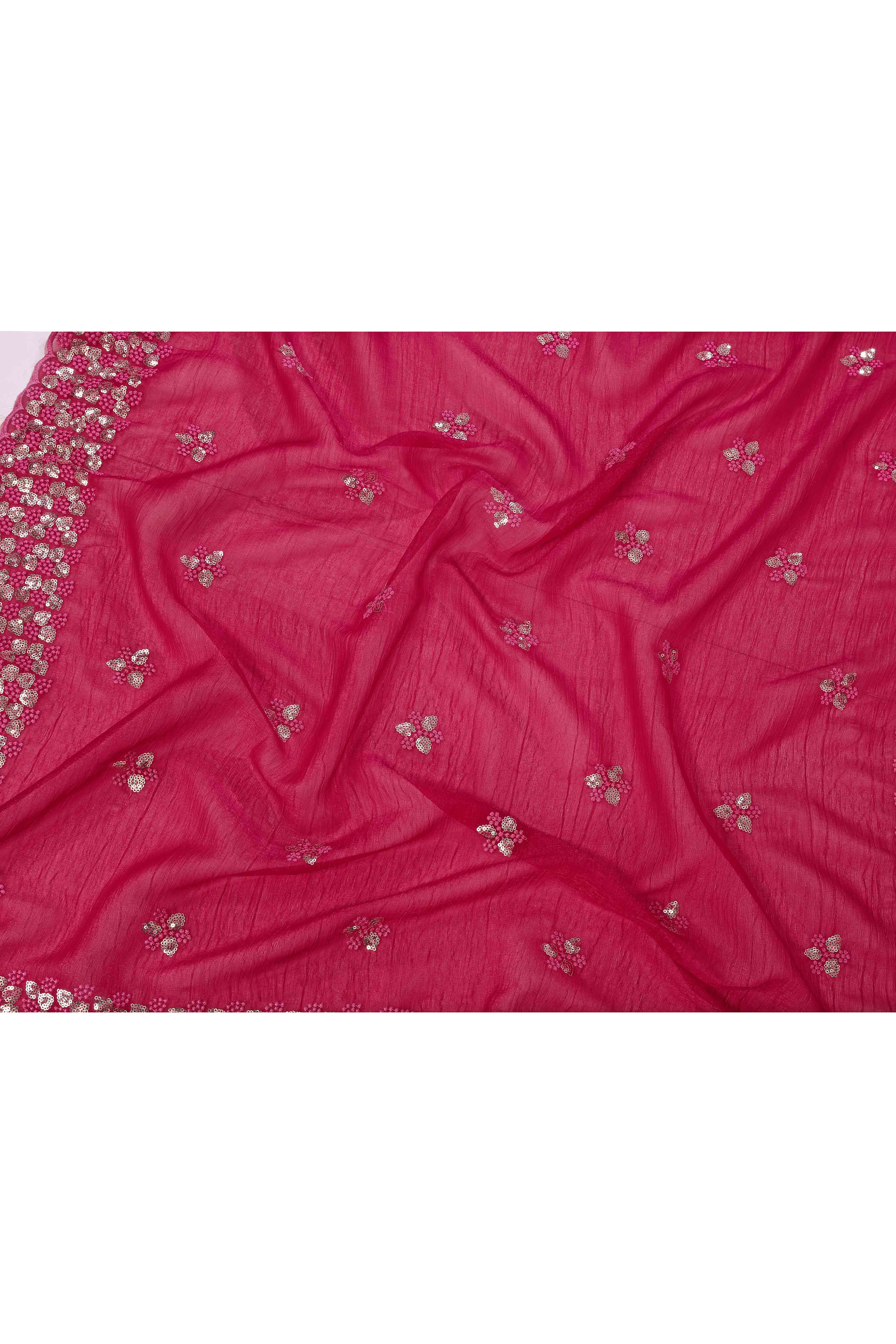 Rani Pink Crunchy Organza Silk Saree Adorned With Intricate Floral Sequins Embroidery