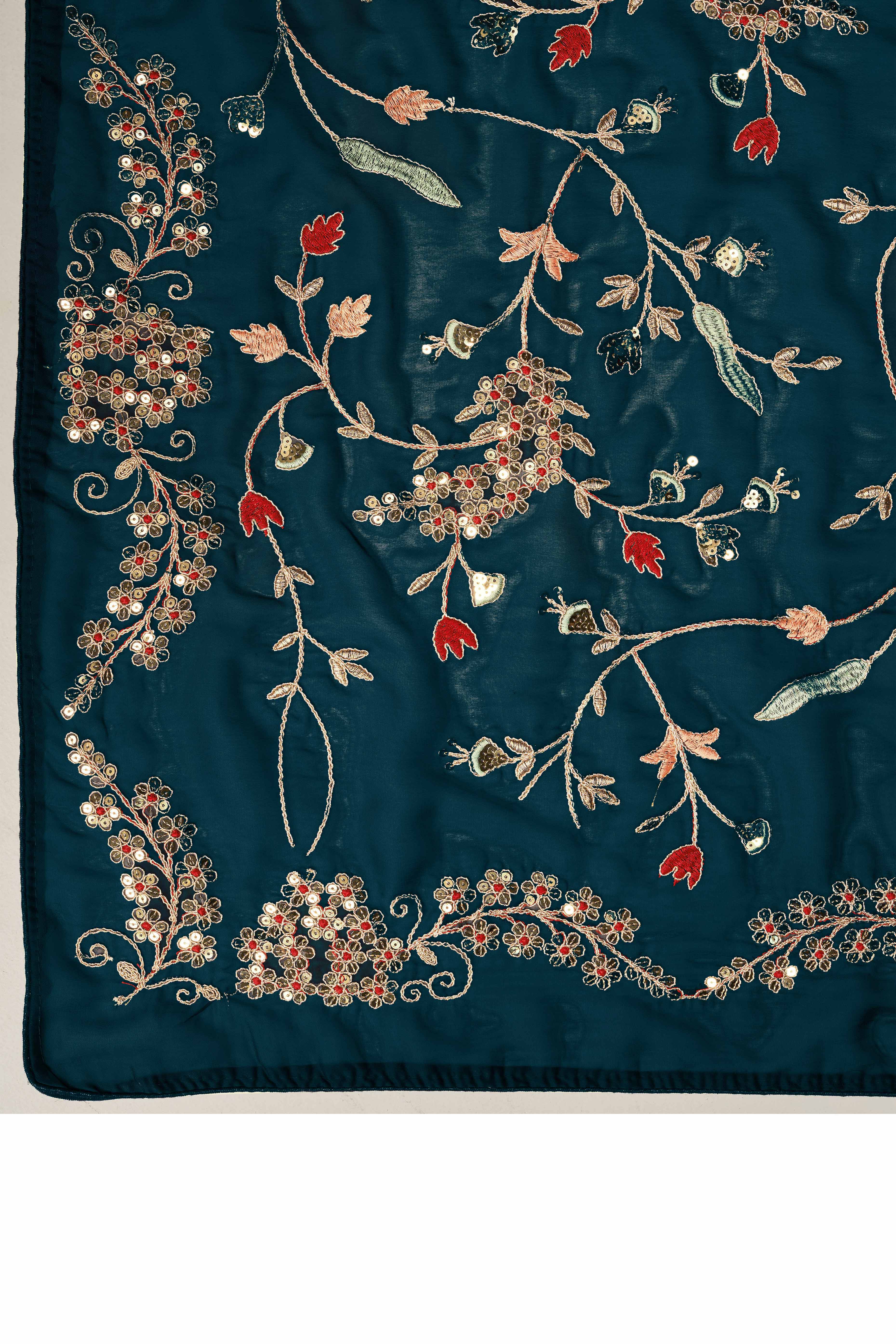 Teal Rangoli Art Silk Saree Featuring Intricate Floral Cording Embroidery & Sparkling Sequin Work