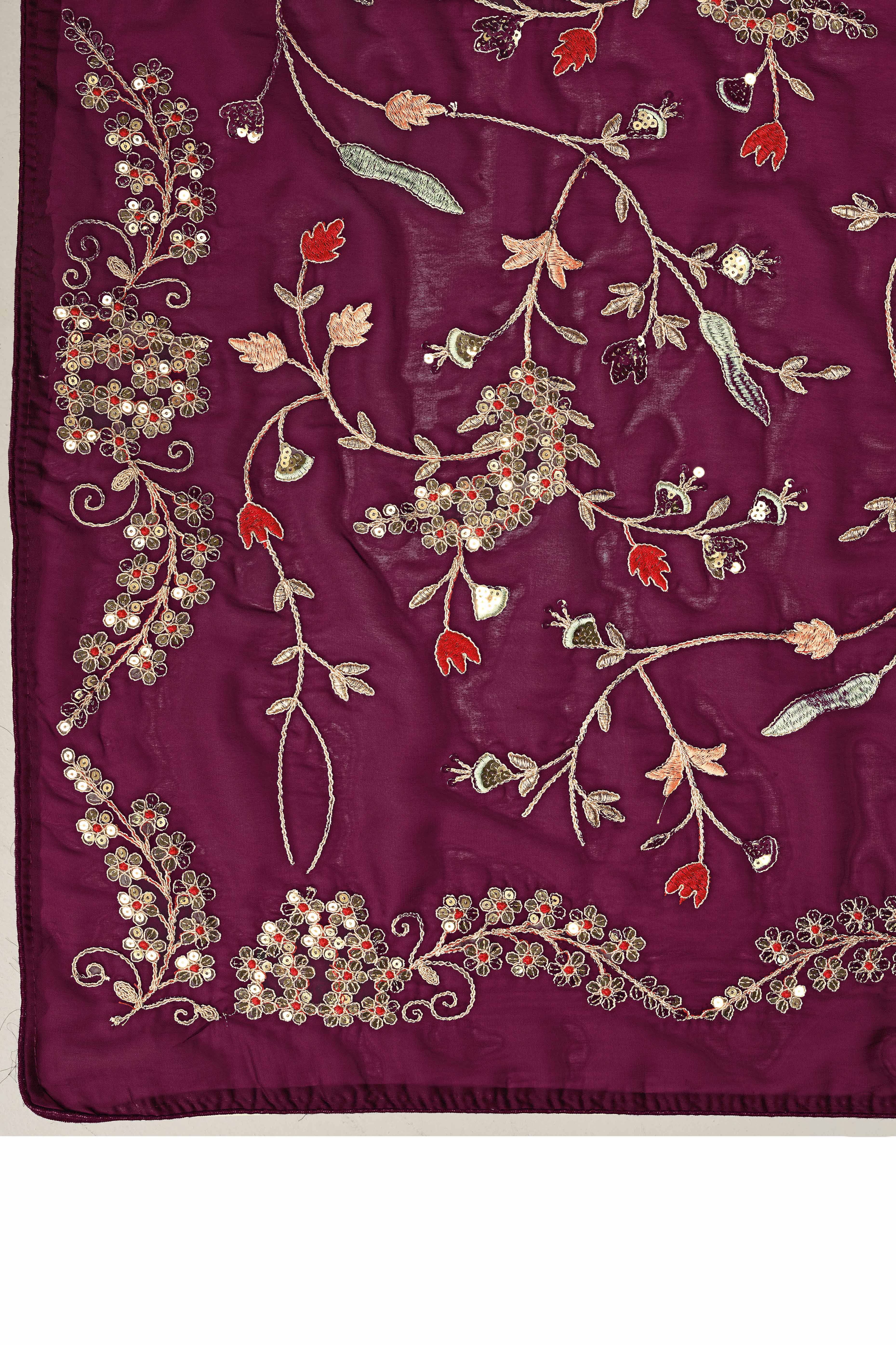 Wine Rangoli Art Silk Saree Featuring Intricate Floral Cording Embroidery & Sparkling Sequin Work