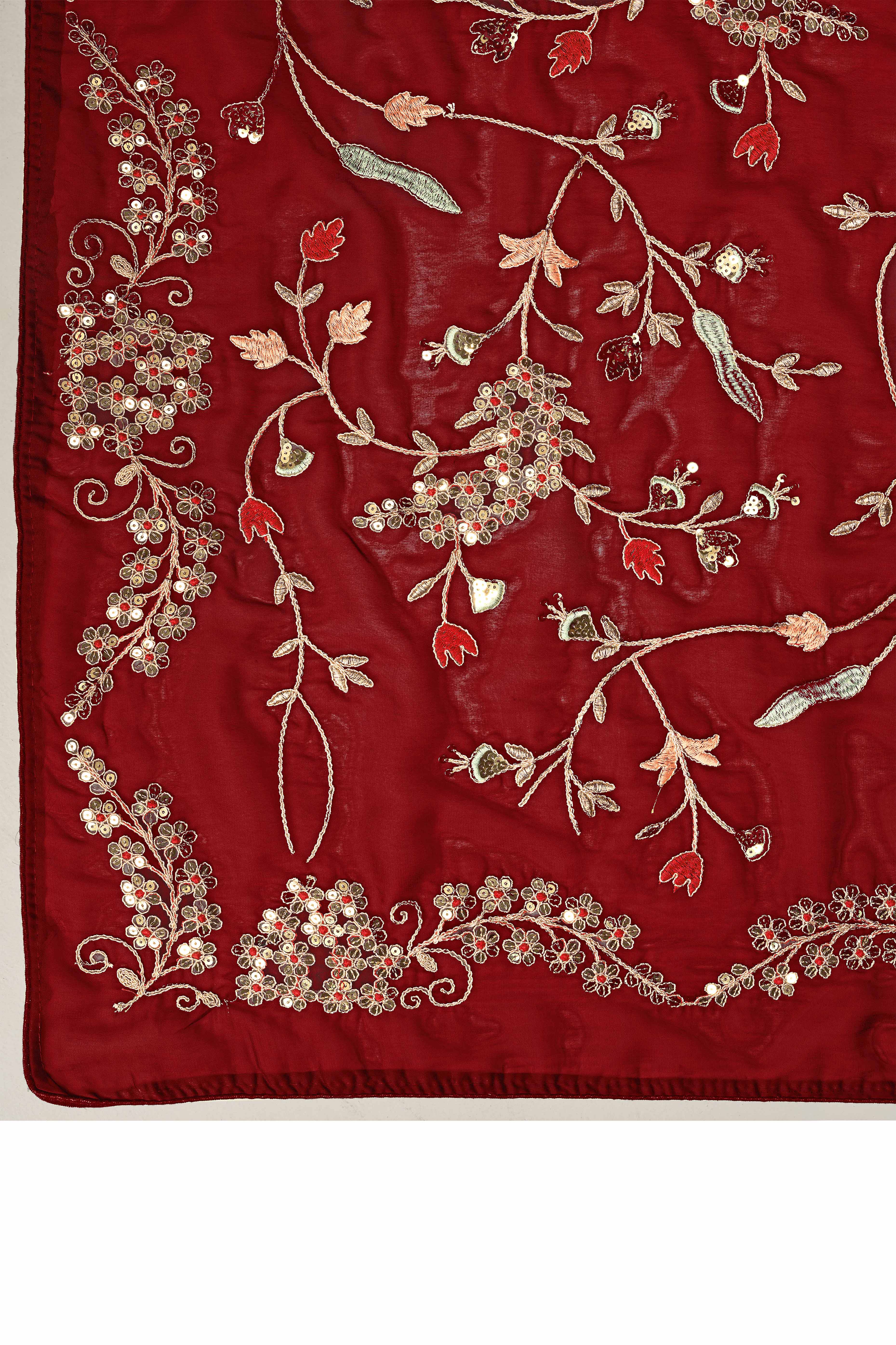Maroon Rangoli Art Silk Saree Featuring Intricate Floral Cording Embroidery & Sparkling Sequin Work