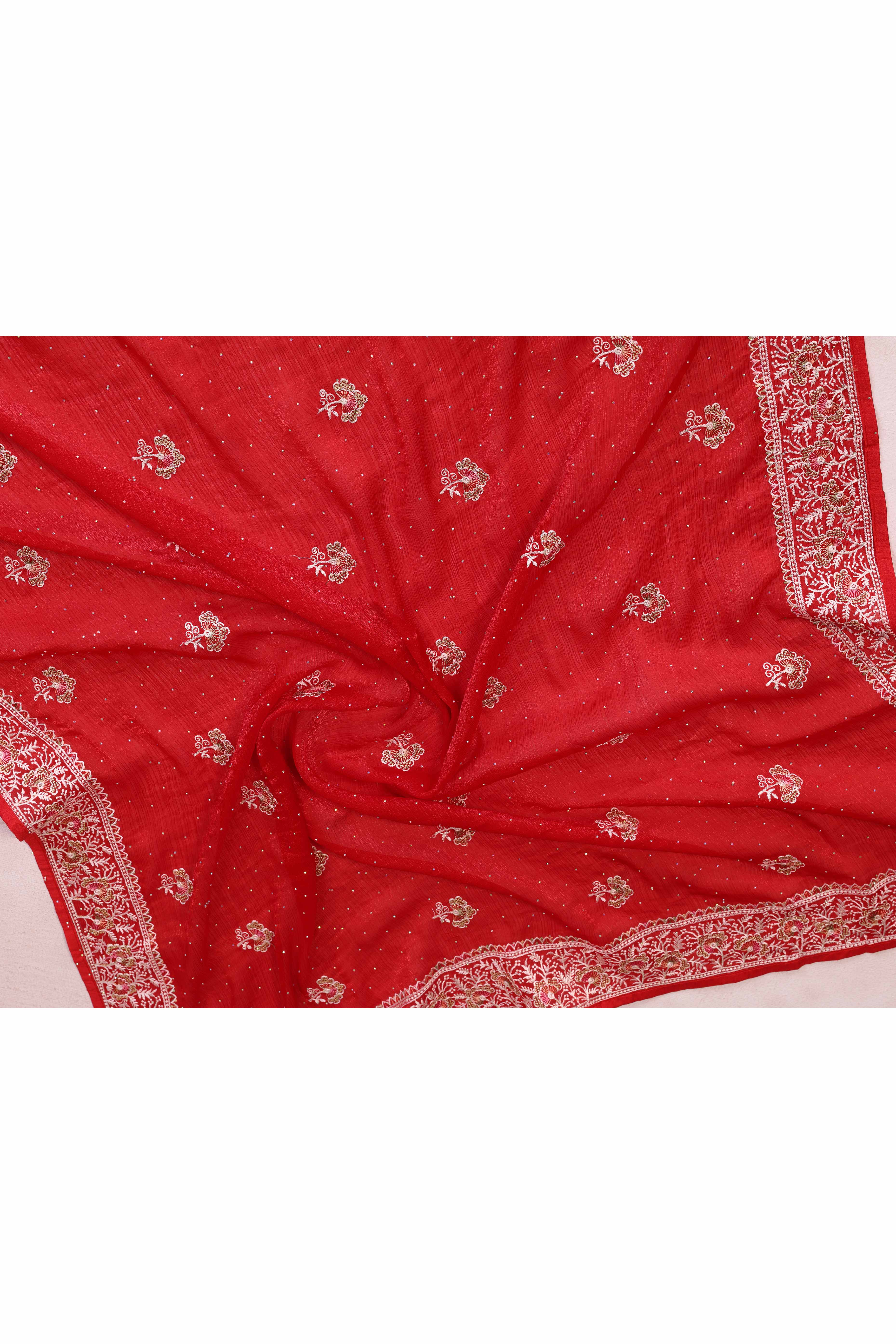 Red Chiffon Saree with Intricate Embroidery and Floral Patterns