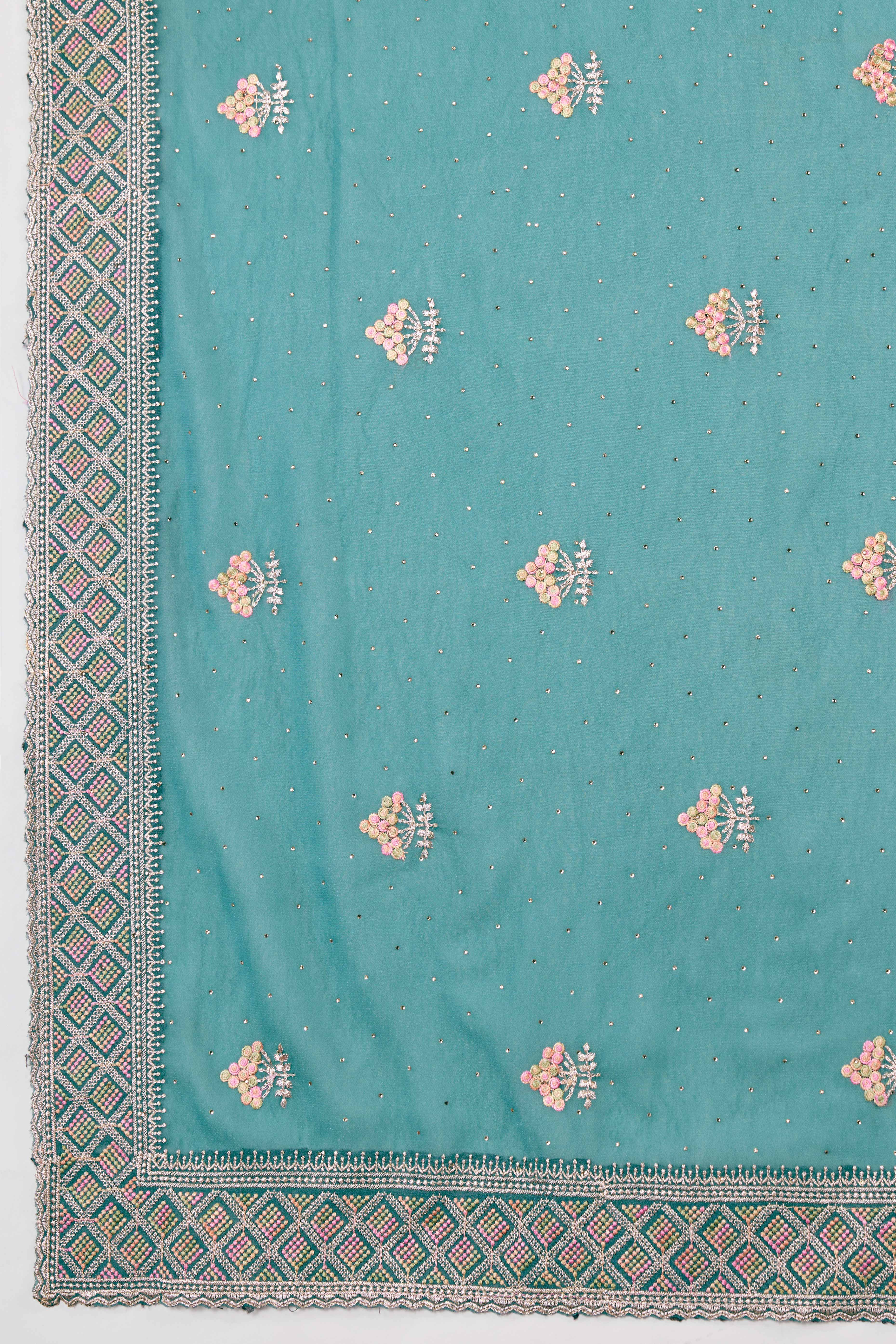 Teal Georgette Saree Featuring Embroidered and Stone Work