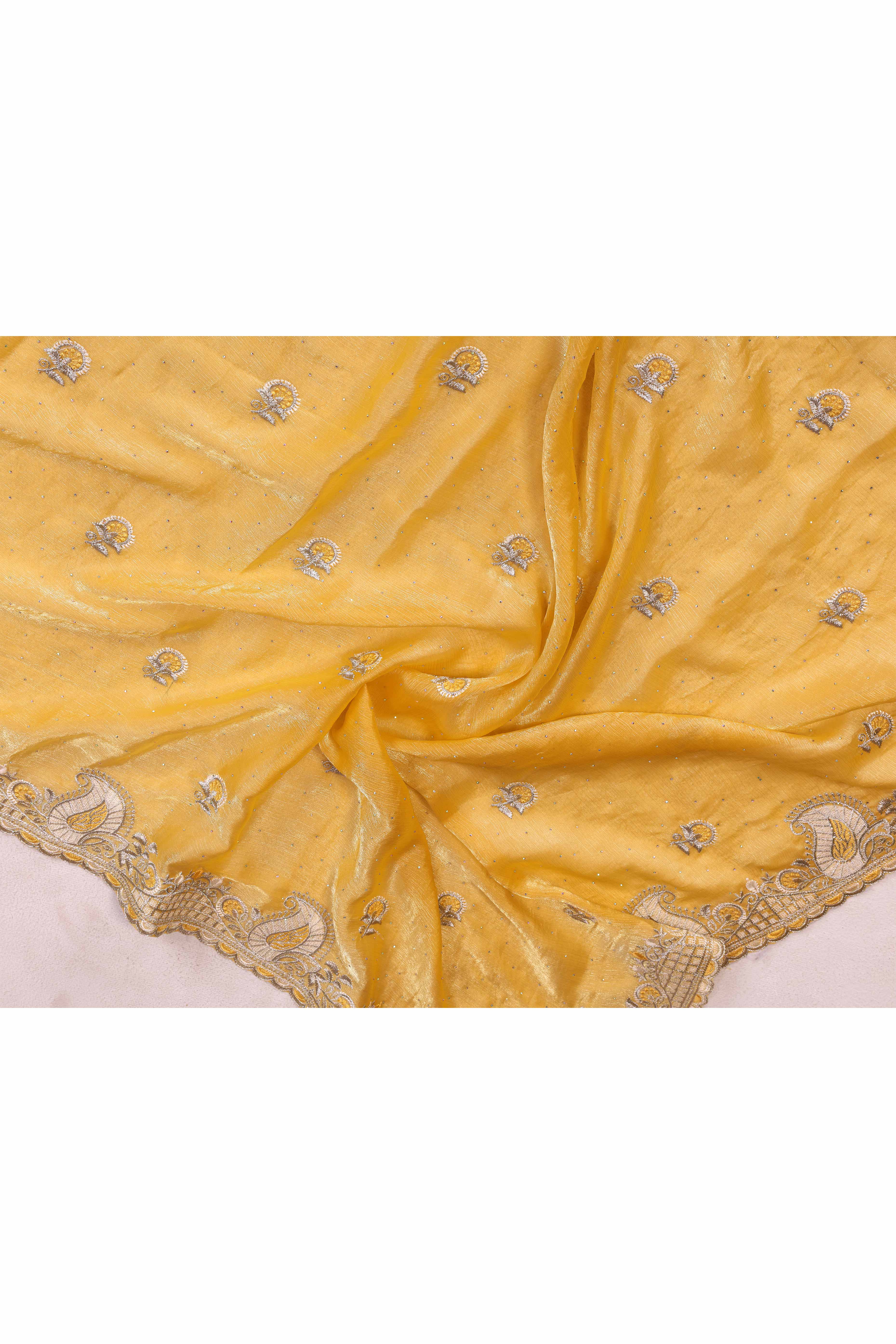 Yellow Chiffon Saree Featuring Floral Thread Embroidery With Stone Embellishments