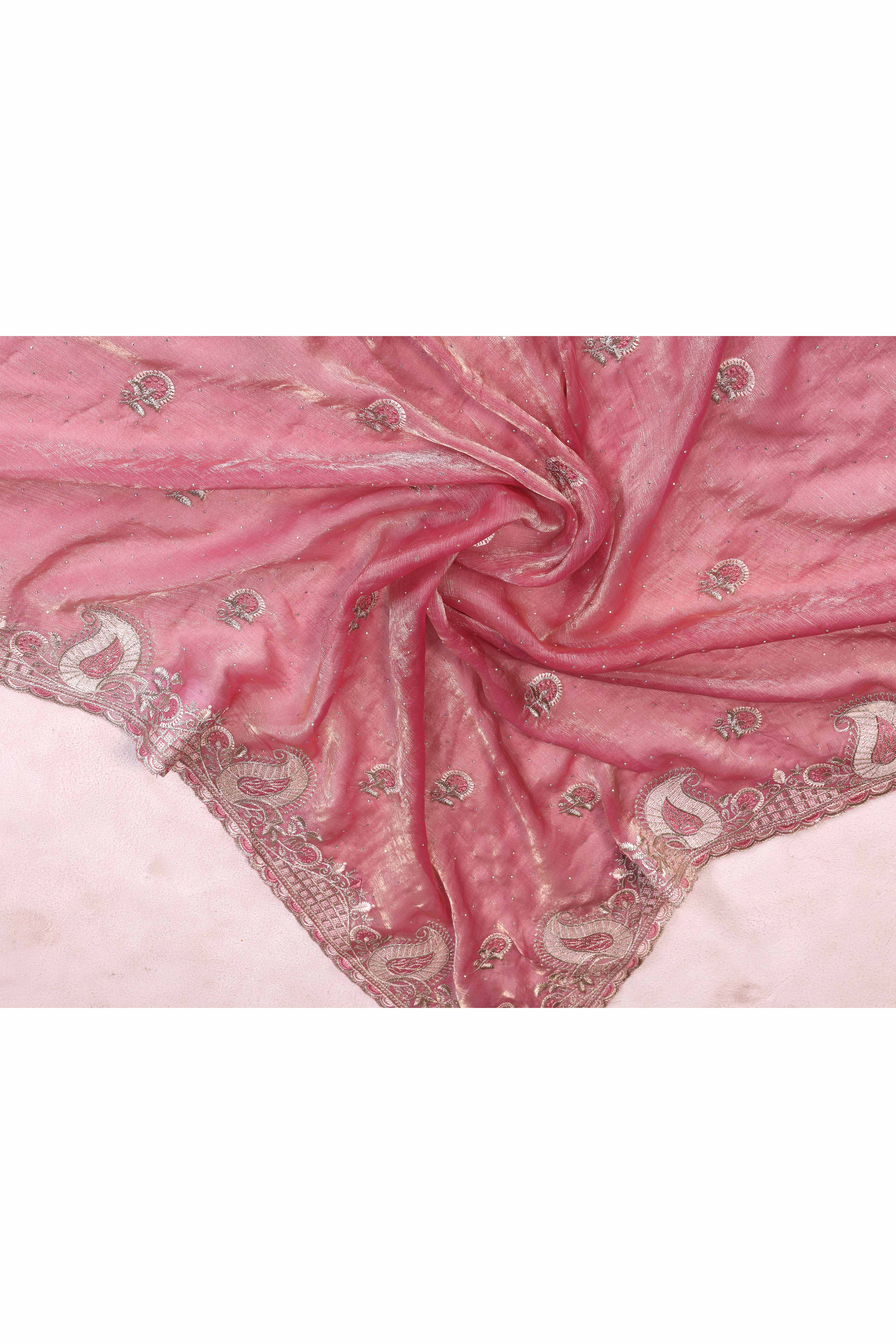 Pink Chiffon Saree Featuring Floral Thread Embroidery With Stone Embellishments