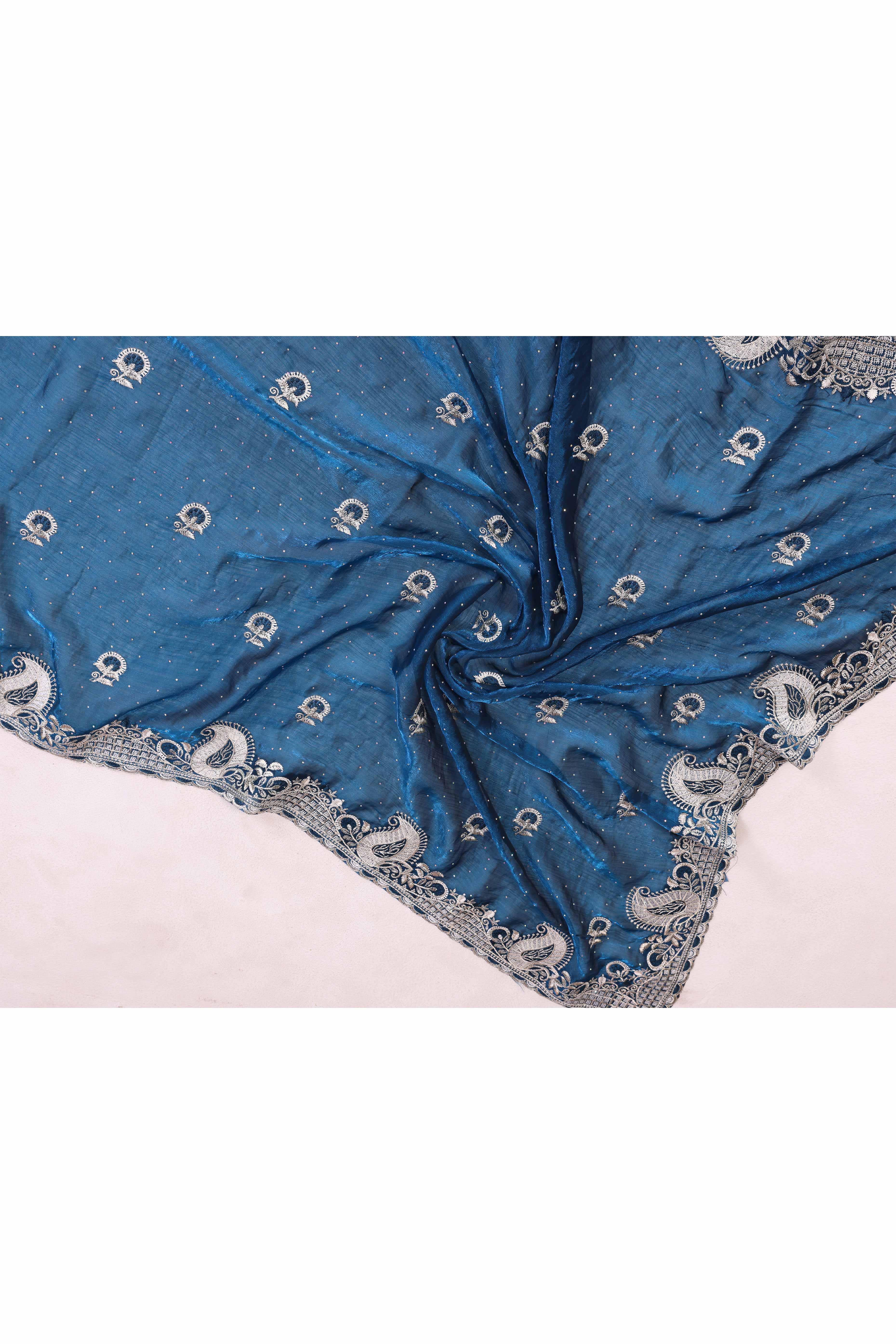 Blue Chiffon Saree Featuring Floral Thread Embroidery With Stone Embellishments