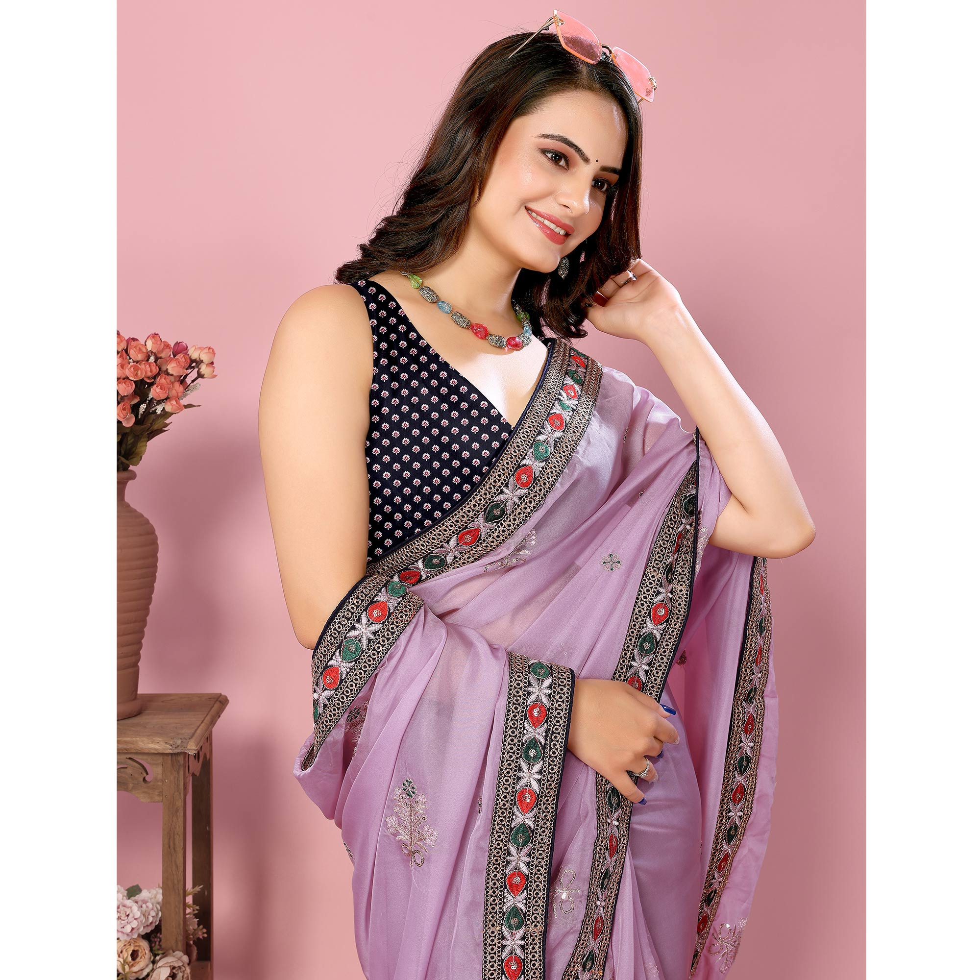 Lavender Floral Sequins Embroidered Organza Saree