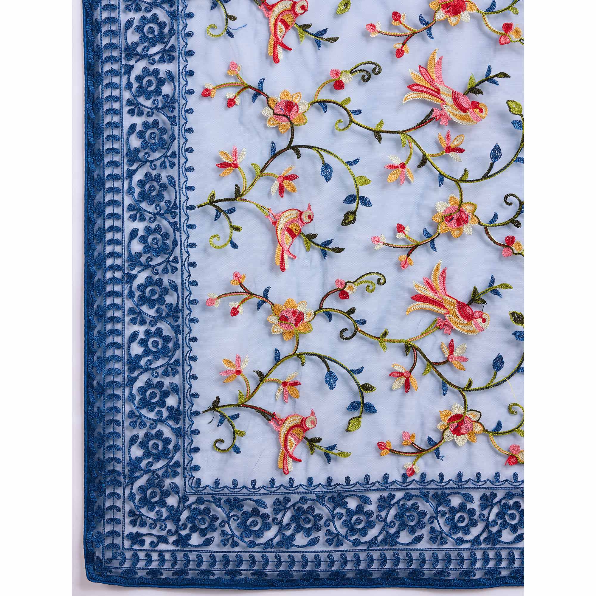 Navy Blue Floral Embroidered Net Saree