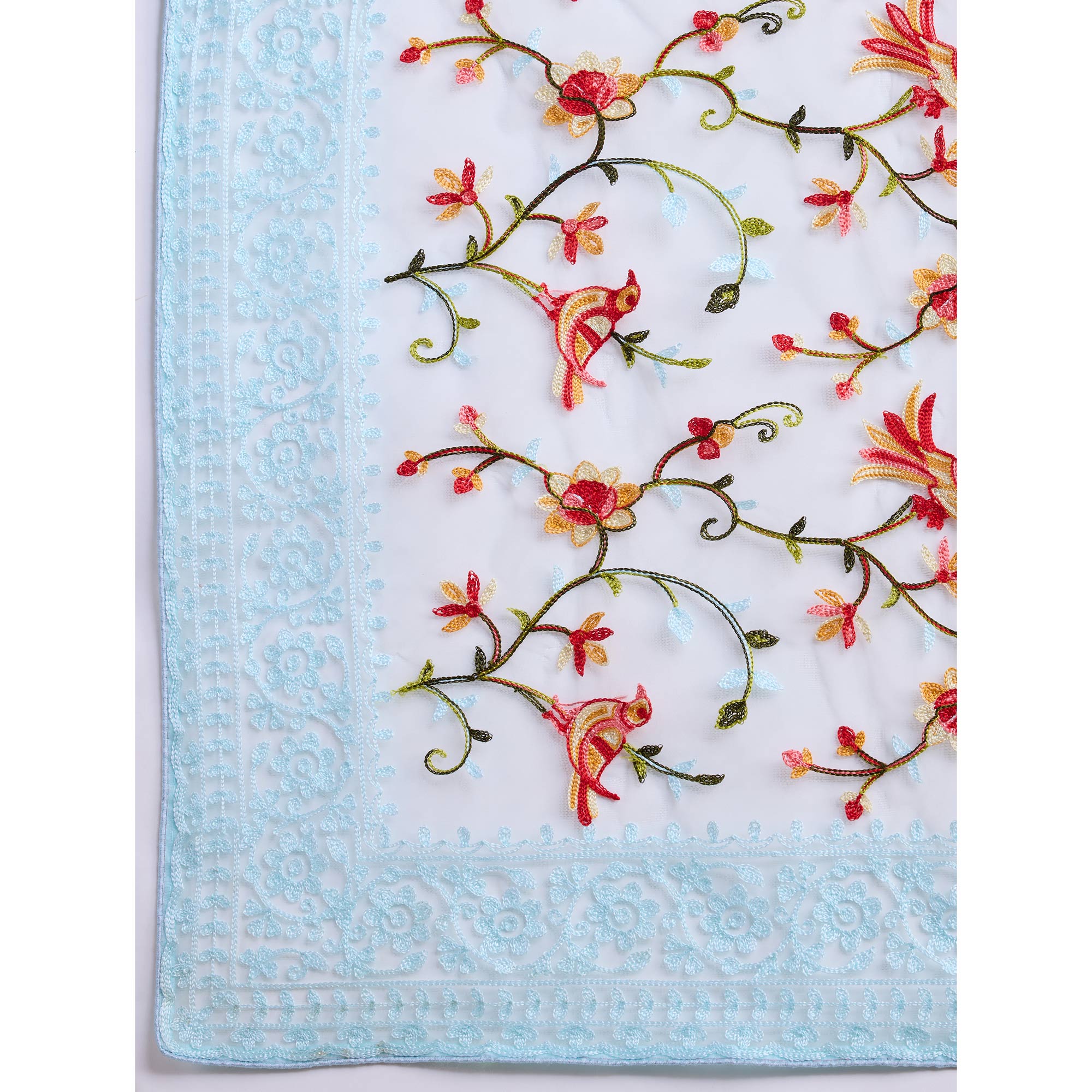 Sky Blue Floral Embroidered Net Saree