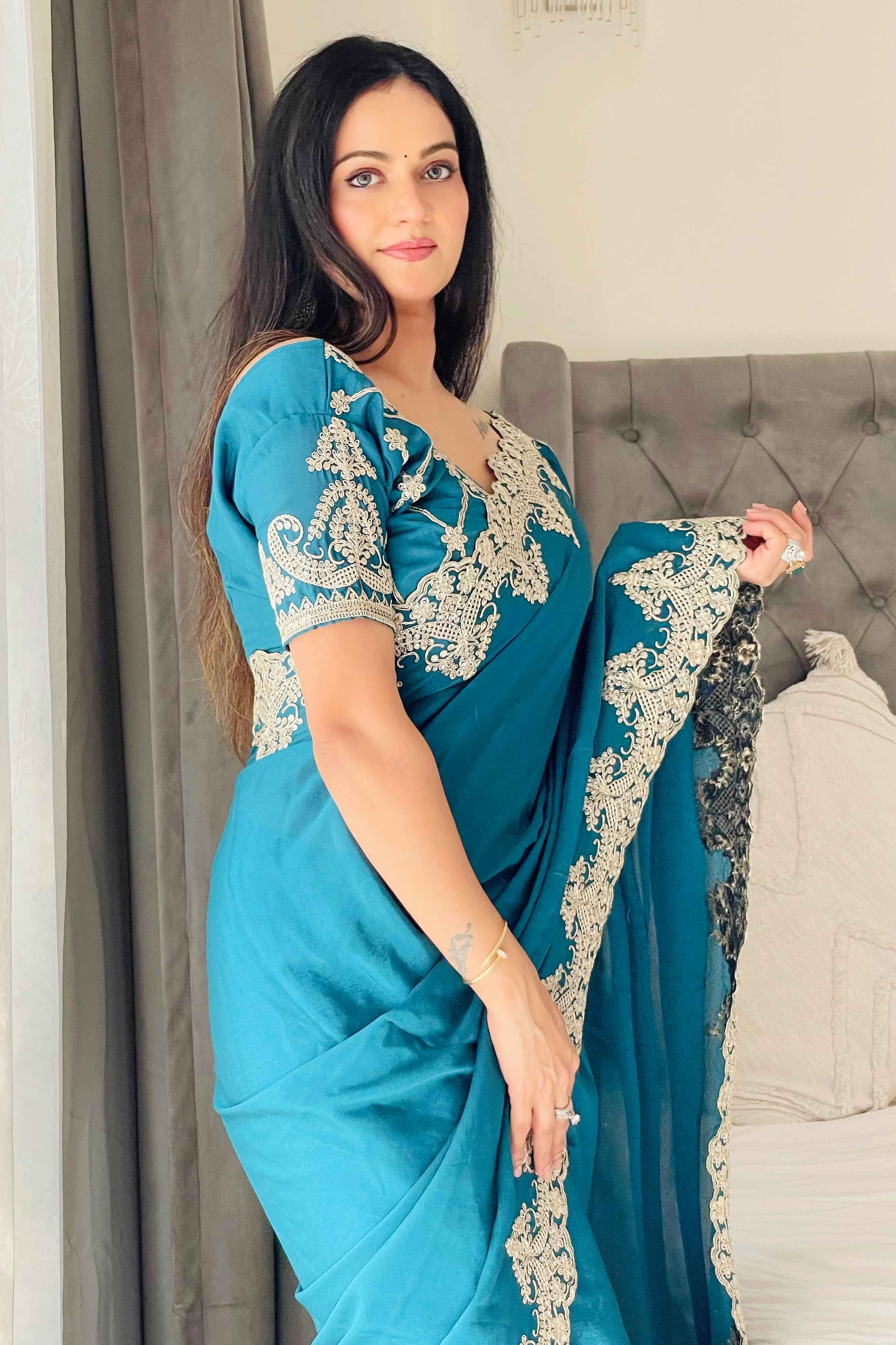 Blue Chinon Silk Blend Saree With Intricate Sequins & Cording Embroidery