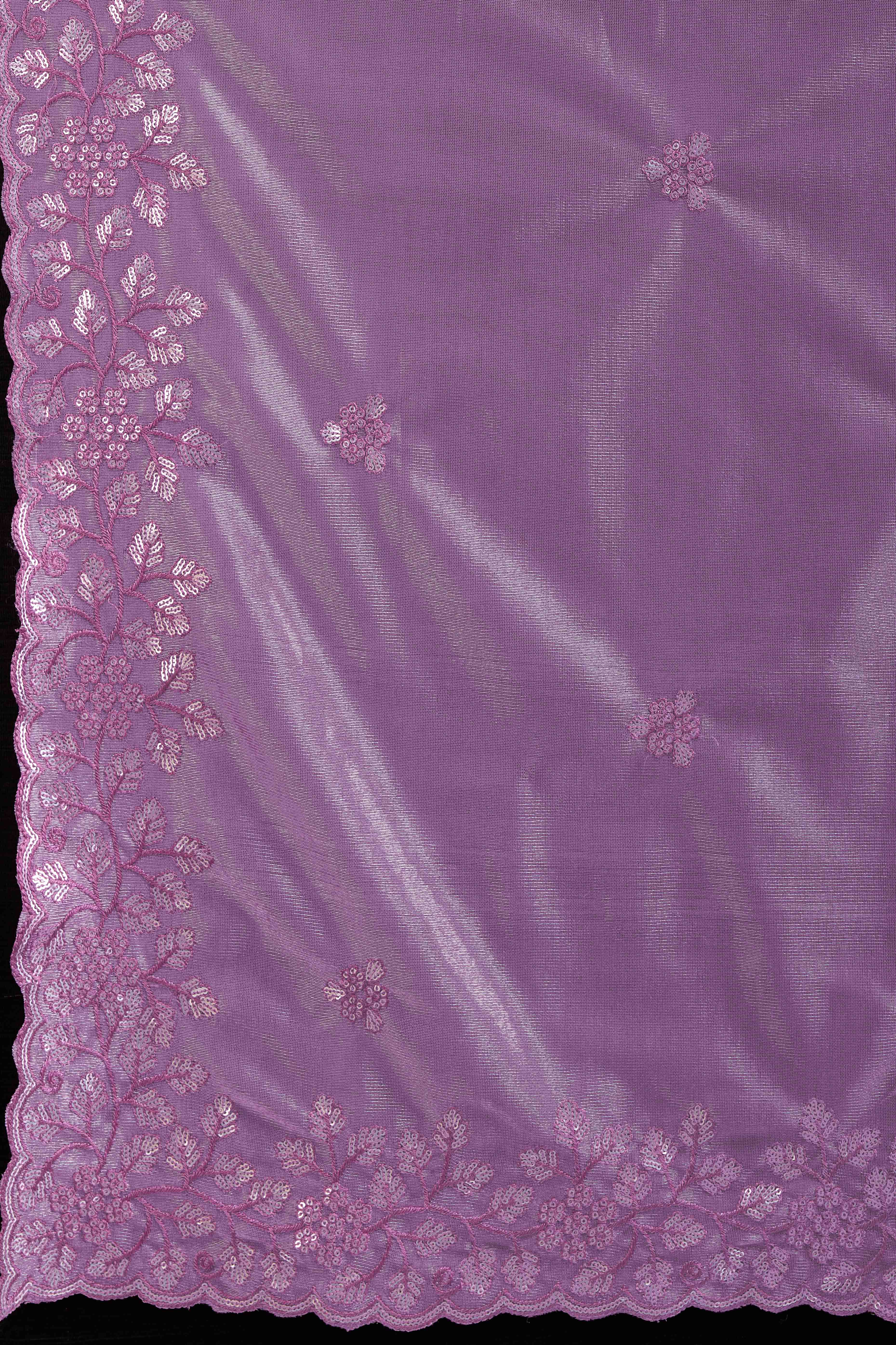 Lavender Twill Net Saree Embellished With Sequin Floral Embroidery