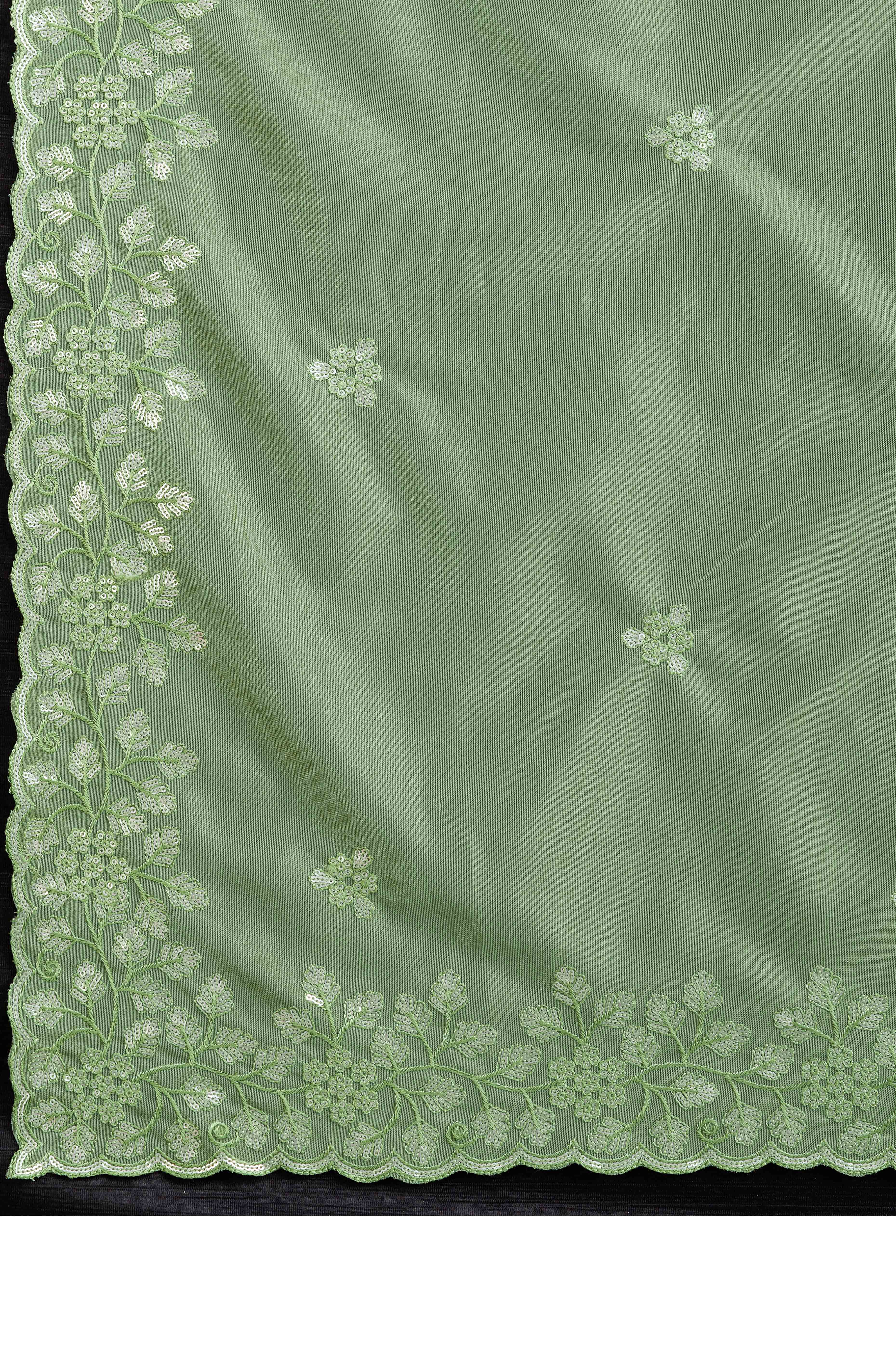 Green Twill Net Saree Embellished With Sequin Floral Embroidery