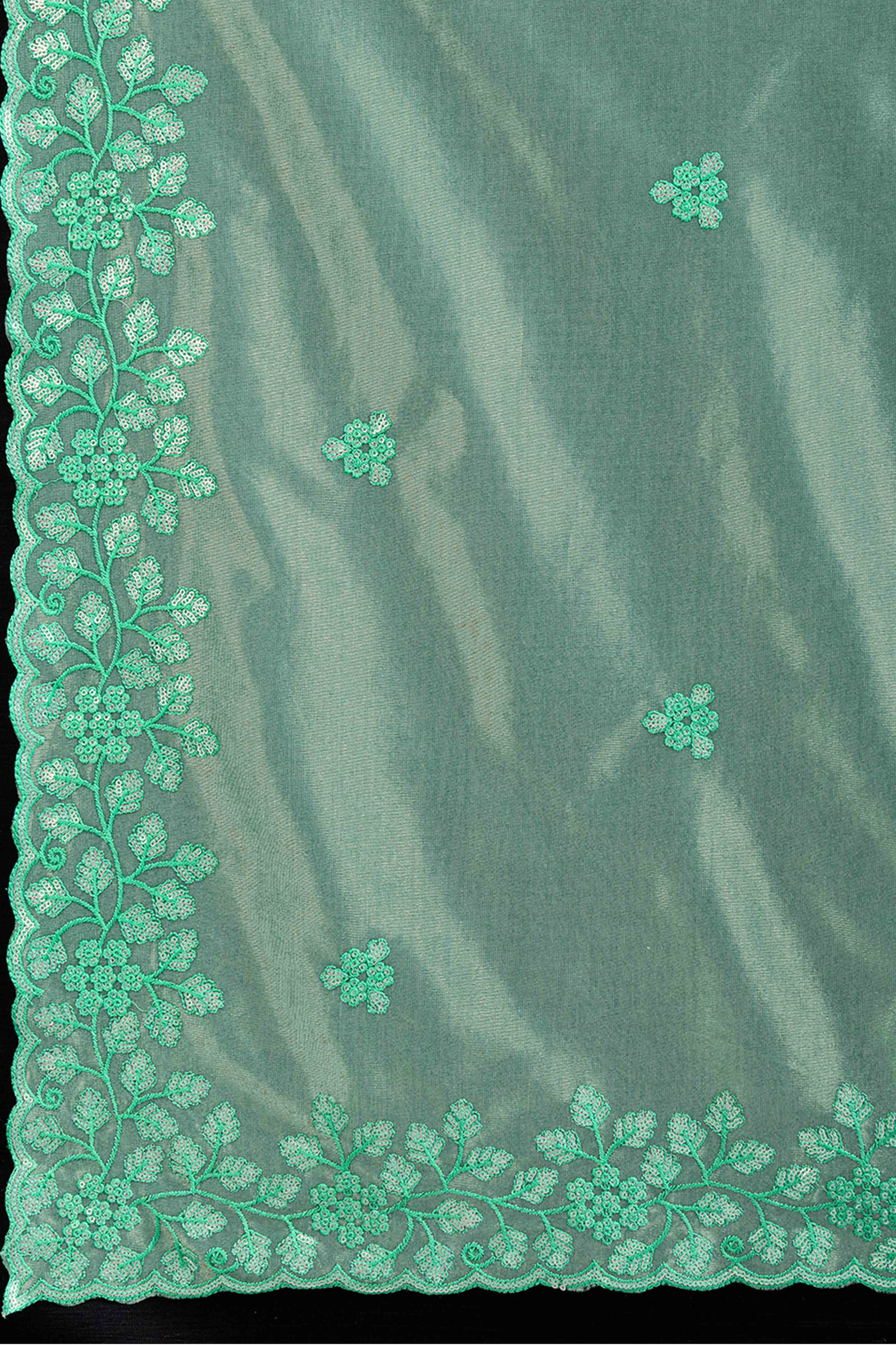 Sea Green Twill Net Saree Embellished With Sequin Floral Embroidery