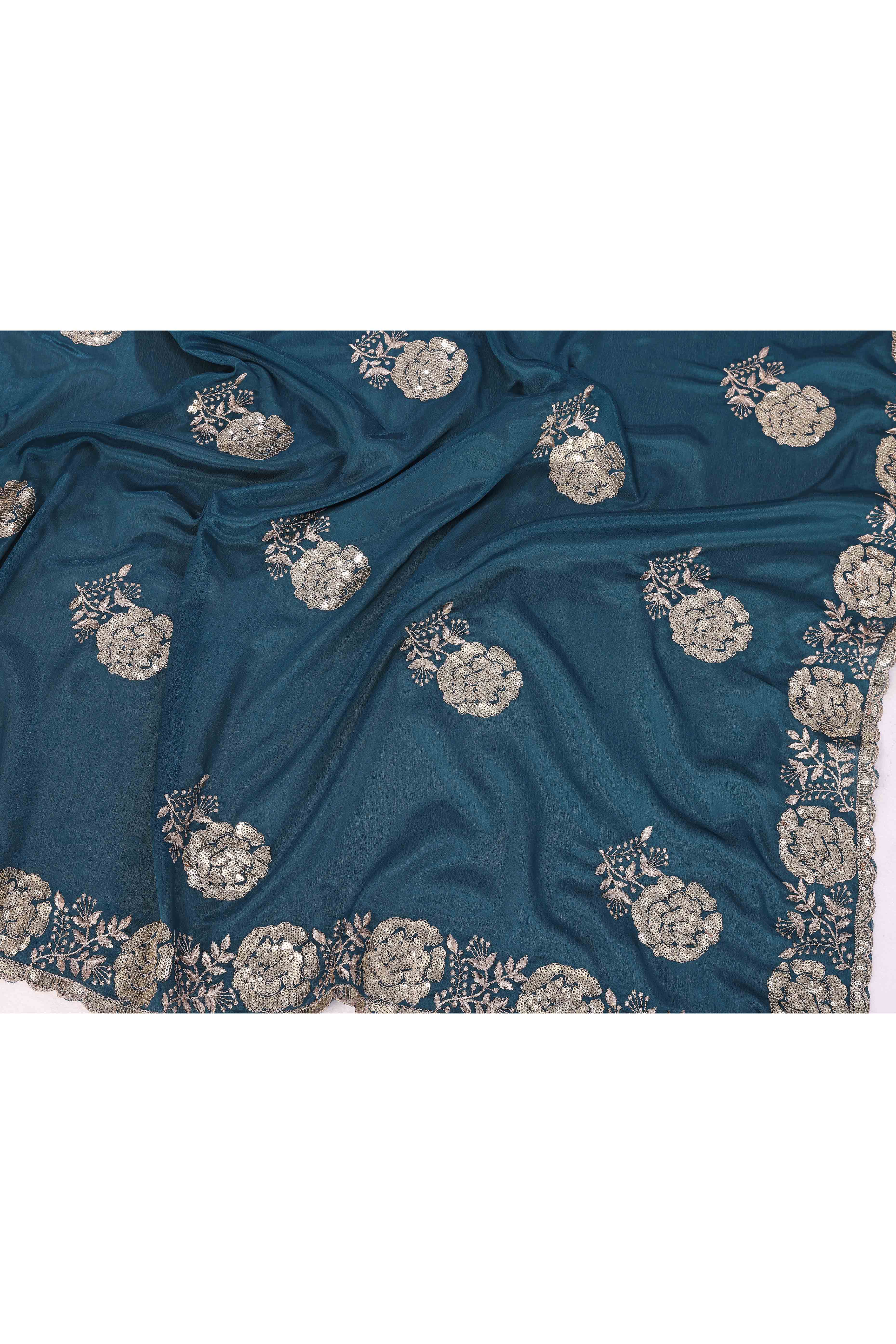 Teal Saree Featuring Intricate Floral Embroidery With Sequins On Chinon Silk