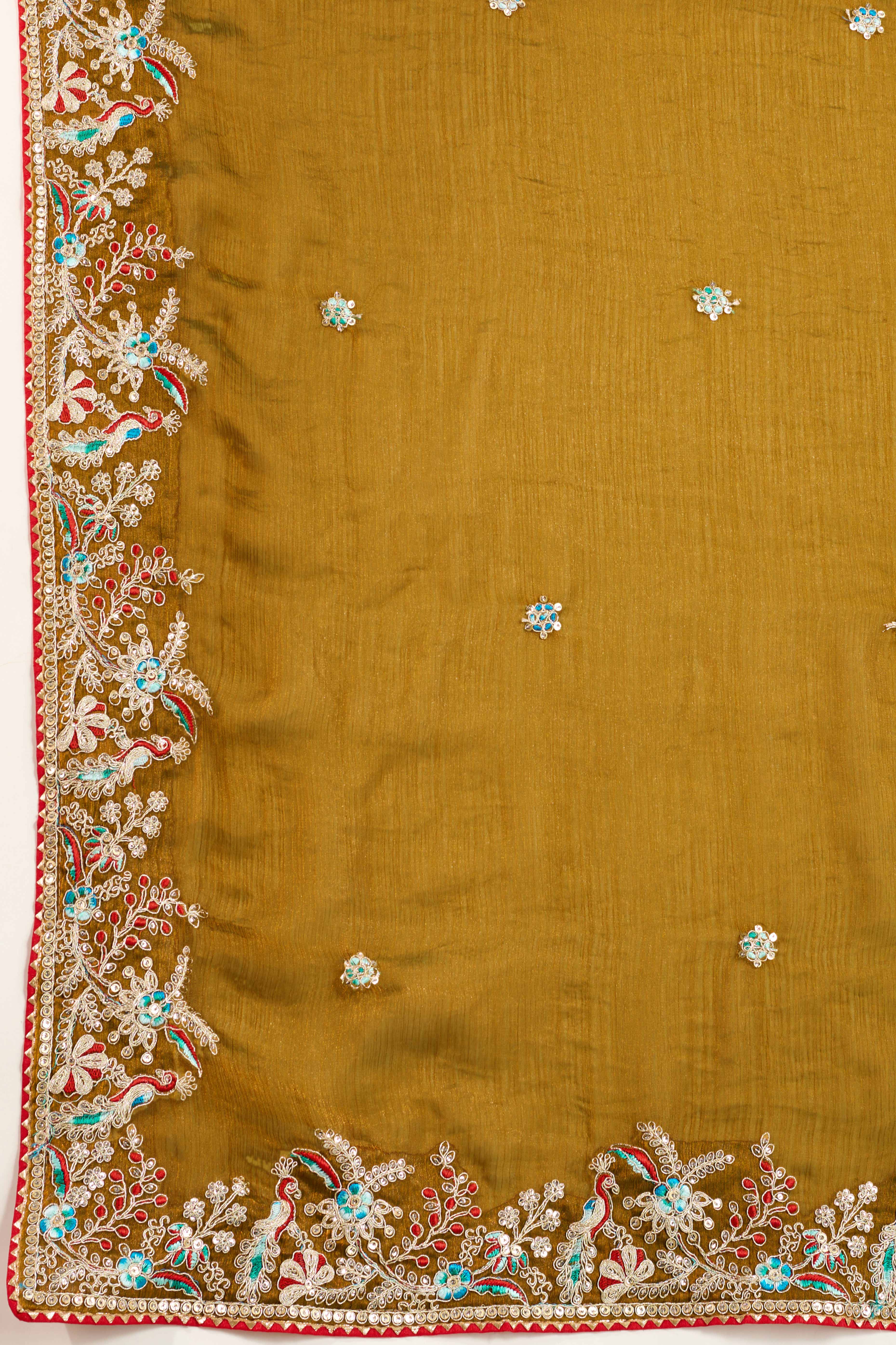 Olive Fancy Chiffon Partywear Saree with Intricate Sequins & Thread Embroidery