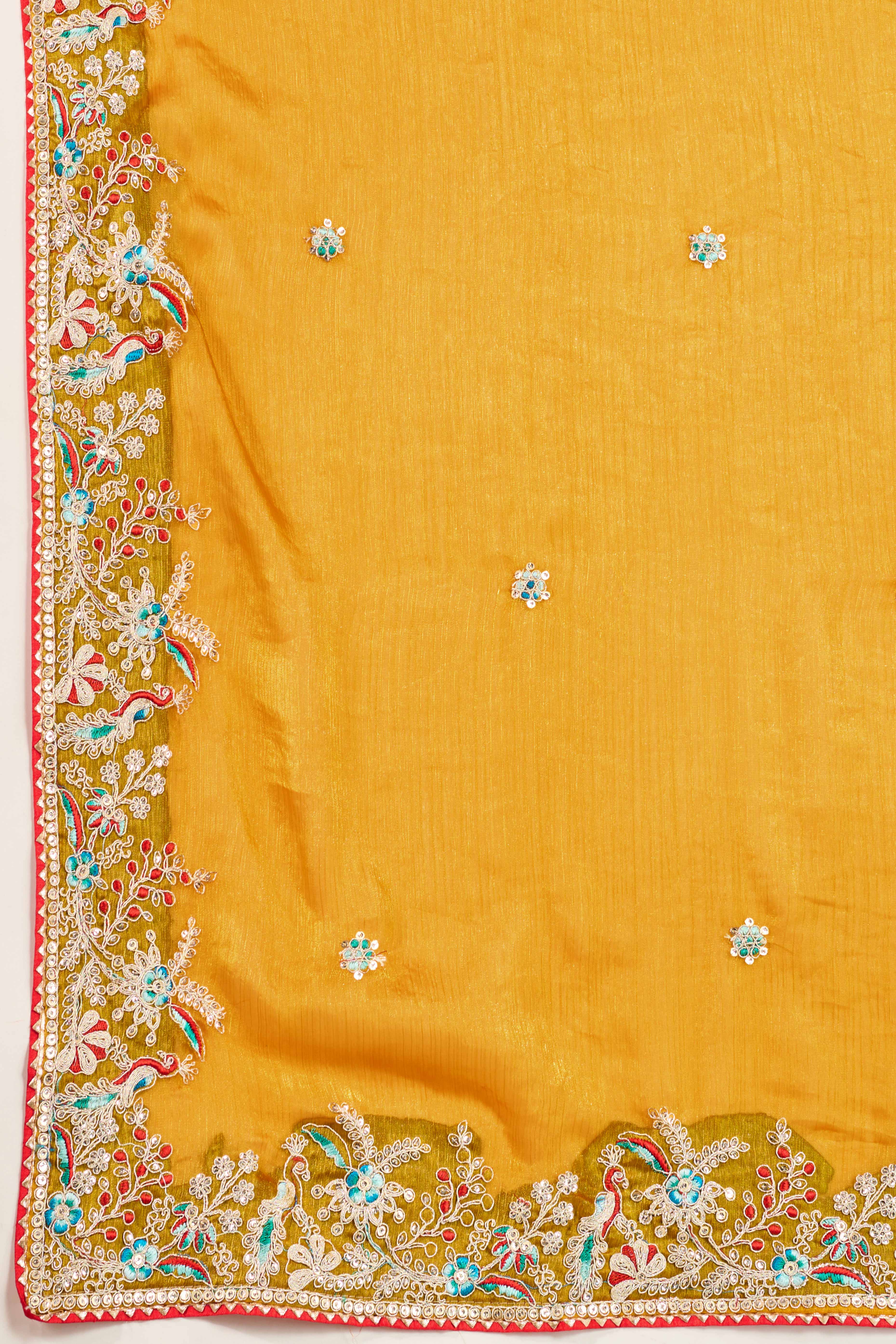 Mustard Fancy Chiffon Partywear Saree with Intricate Sequins & Thread Embroidery