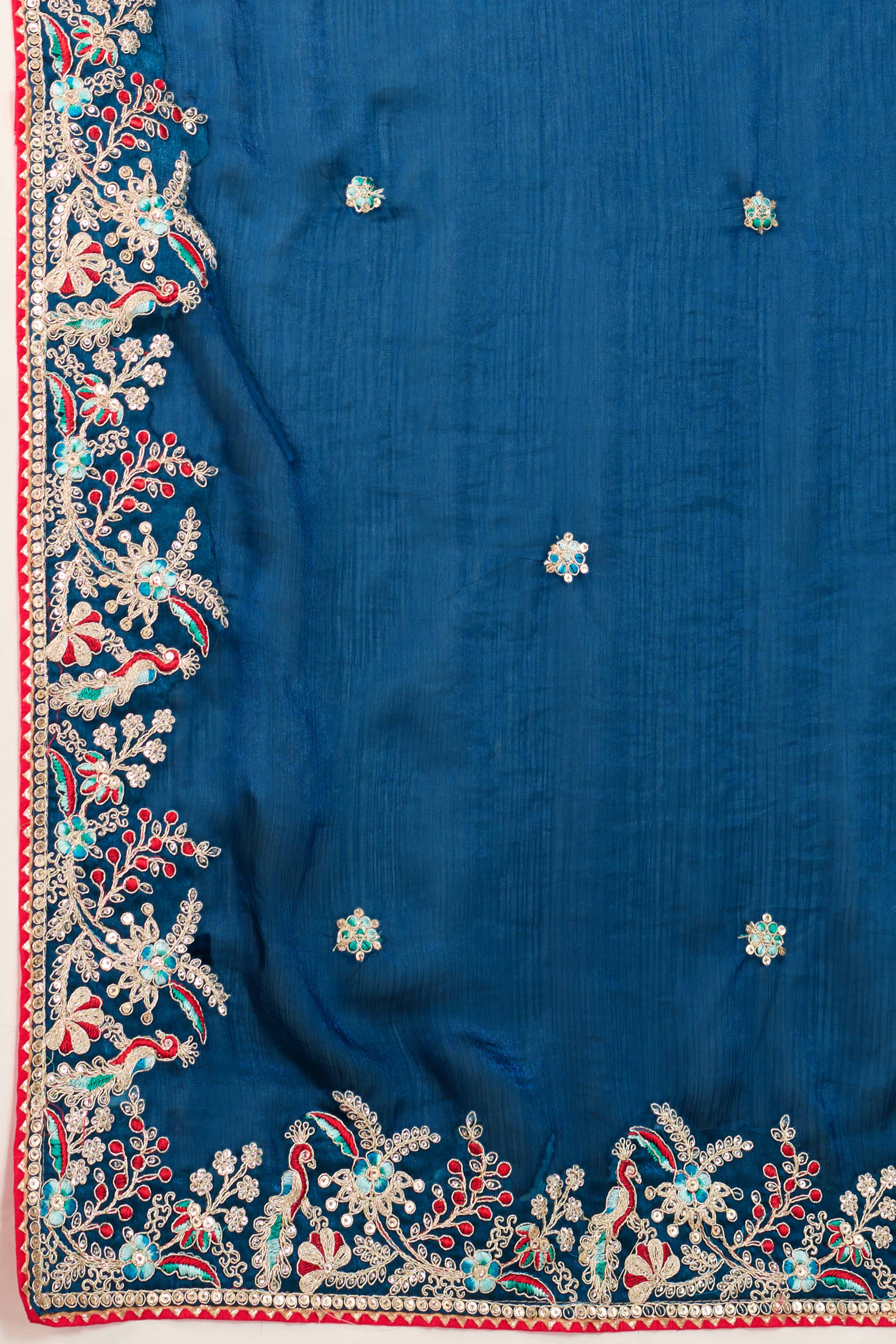 Teal Fancy Chiffon Partywear Saree with Intricate Sequins & Thread Embroidery