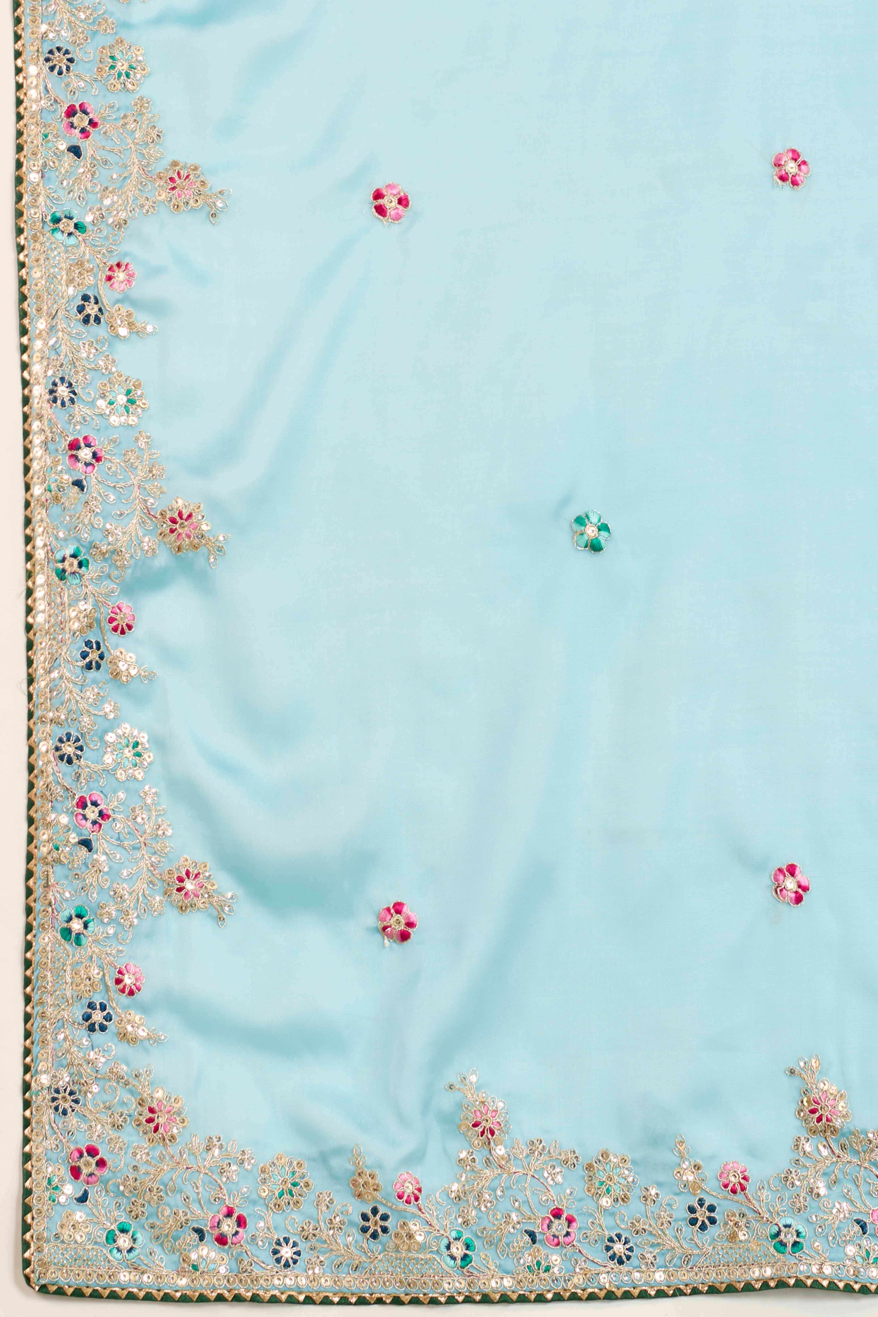 Aqua Blue Star Georgette Party Saree with Sequins and Floral Embroidery