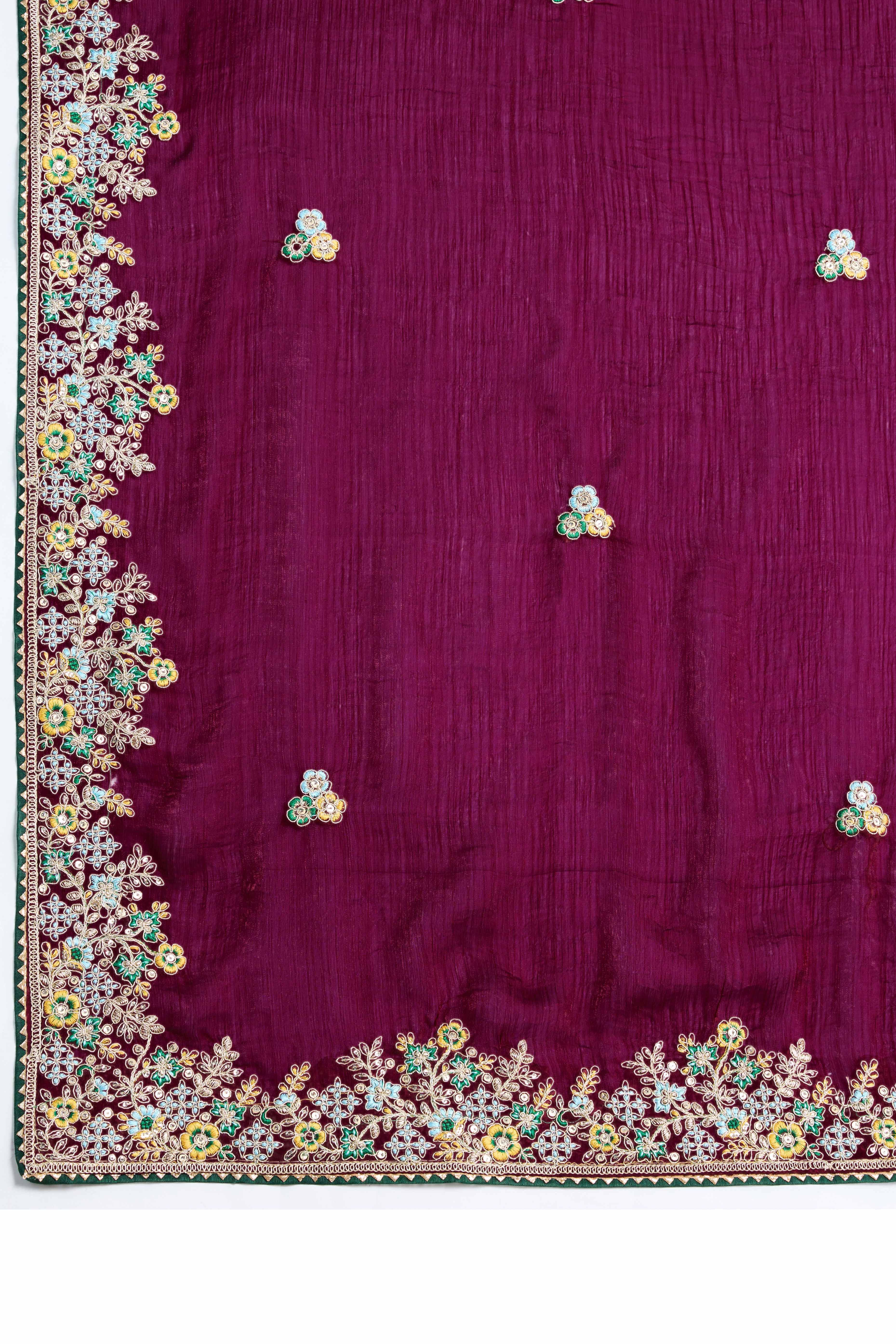 Luxe Frendy Chiffon Saree in Bold Plum Purple with Delicate Floral Embroidery