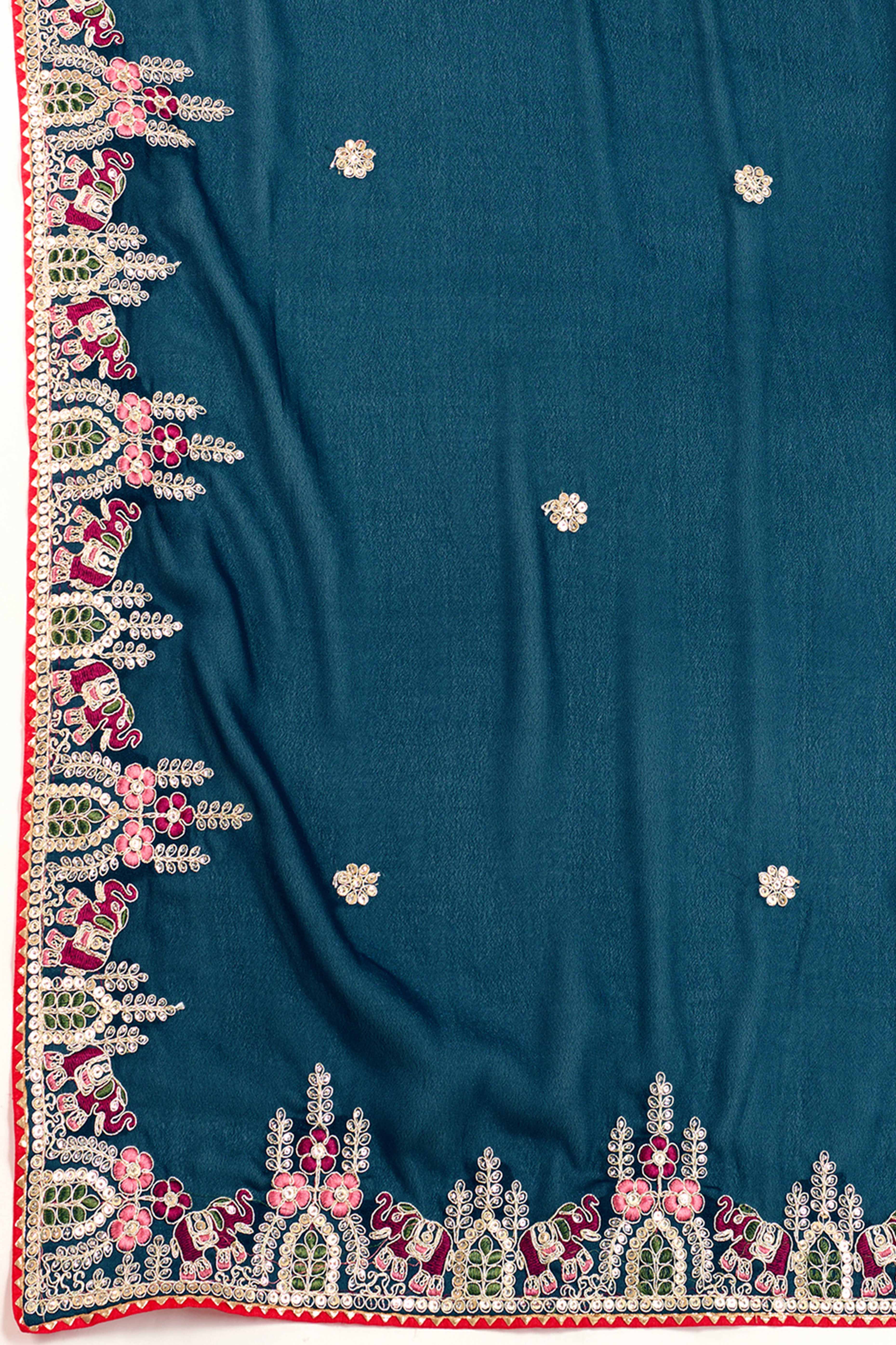 Dark Teal Blue Georgette Saree Featuring Floral Cording Embroidery & Shimmering Sequins Work