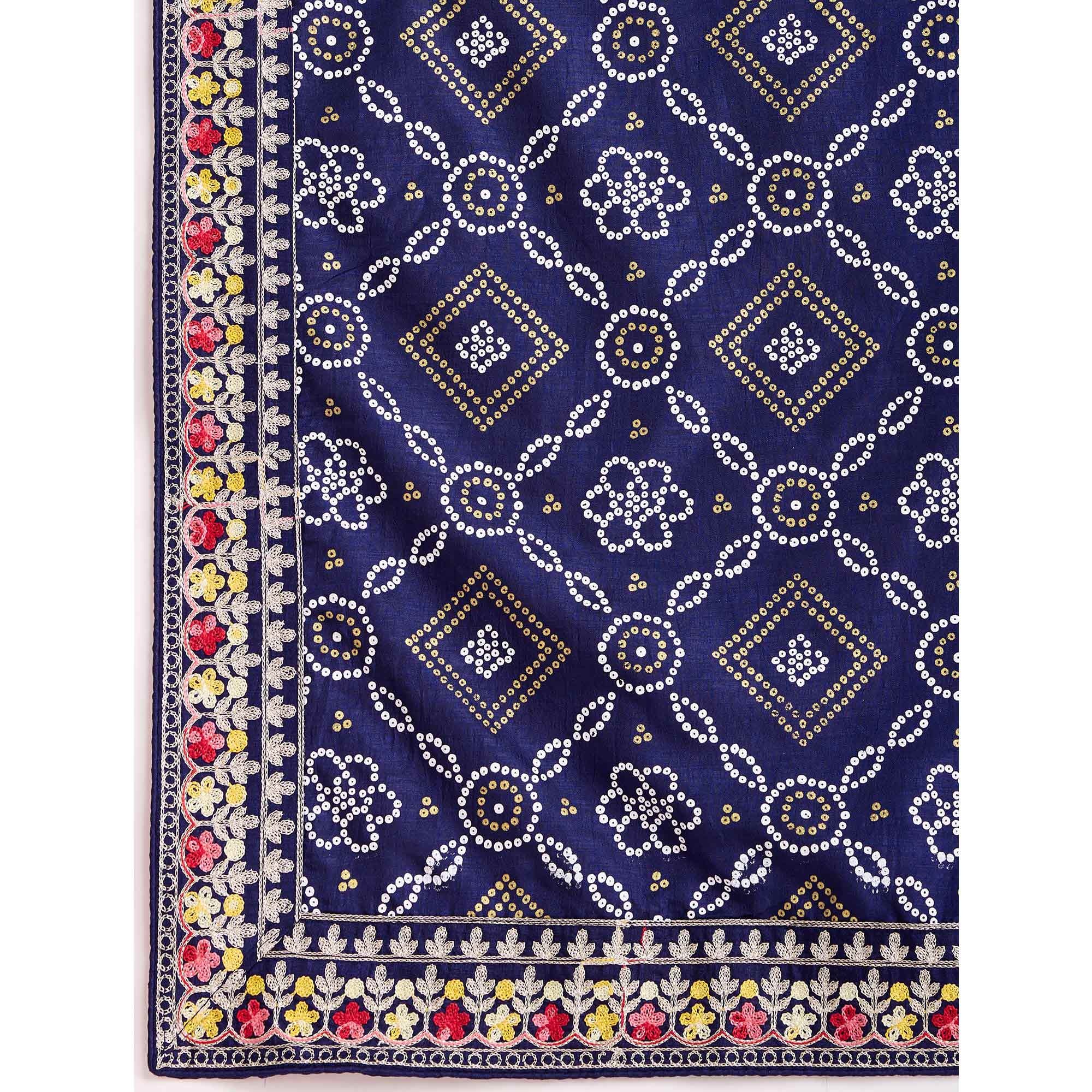 Navy Blue Bandhani Printed Vichitra Silk Saree With Embroidery Border