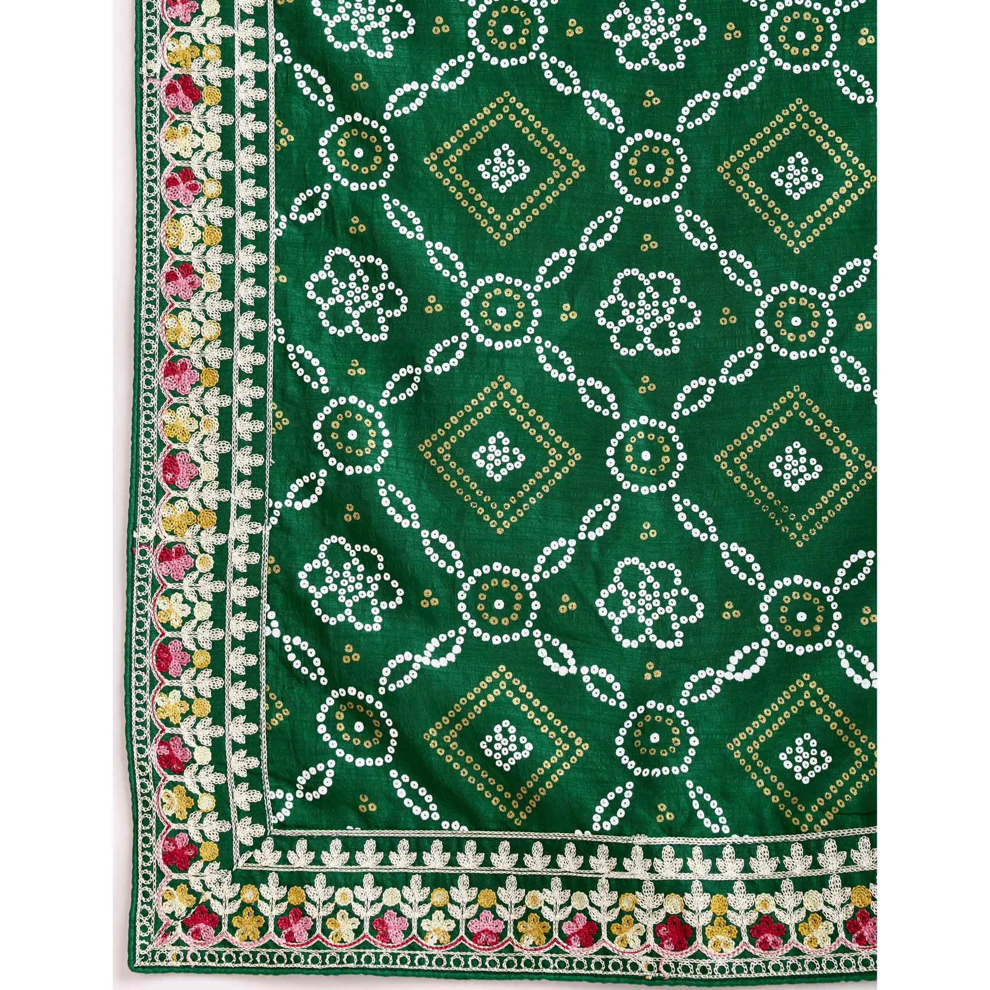 Green Bandhani Printed Vichitra Silk Saree With Embroidery Border