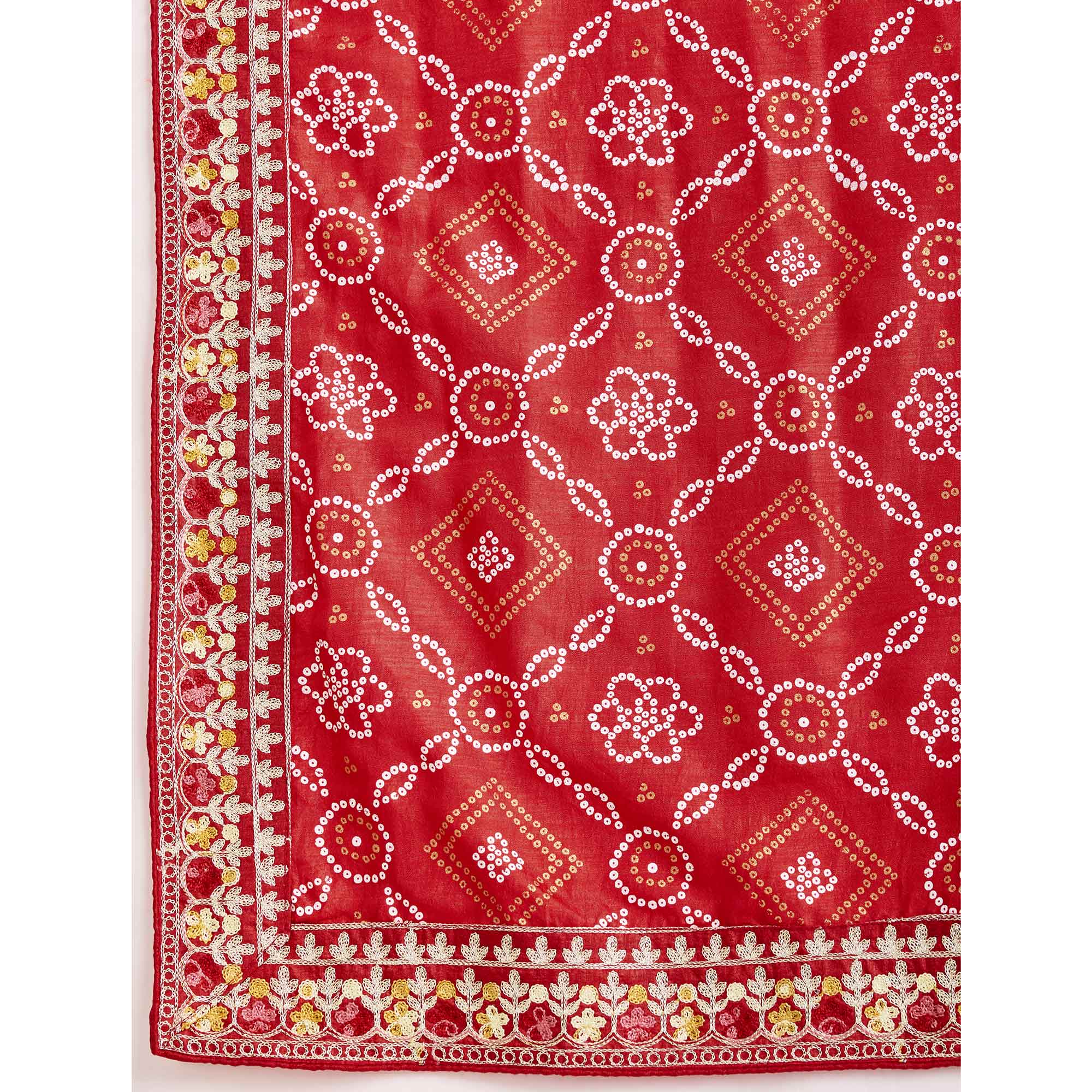 Red Bandhani Printed Vichitra Silk Saree With Embroidery Border