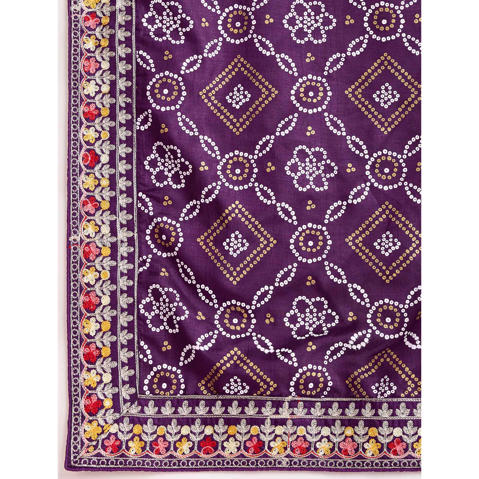 Wine Bandhani Printed Vichitra Silk Saree With Embroidery Border