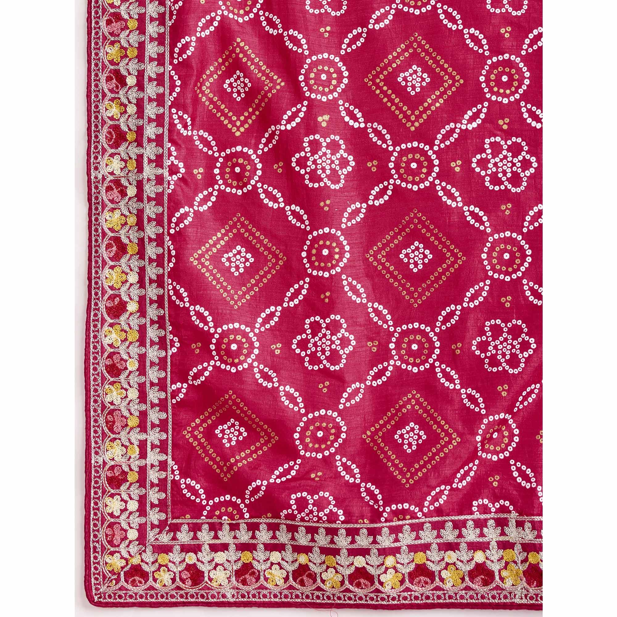 Cherry Red Bandhani Printed Vichitra Silk Saree With Embroidery Border