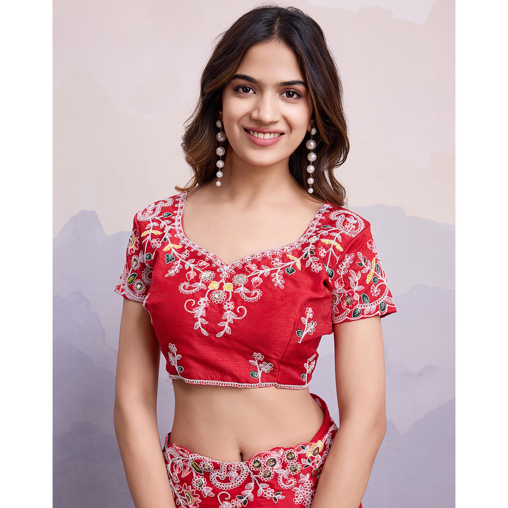 Red Floral Sequins Embroidered Art Silk Saree